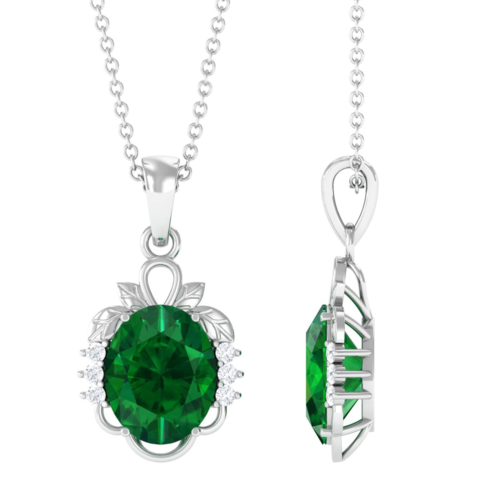 Vibrant Grown Labs-Created Emerald Oval Statement Pendant Necklace with Diamond