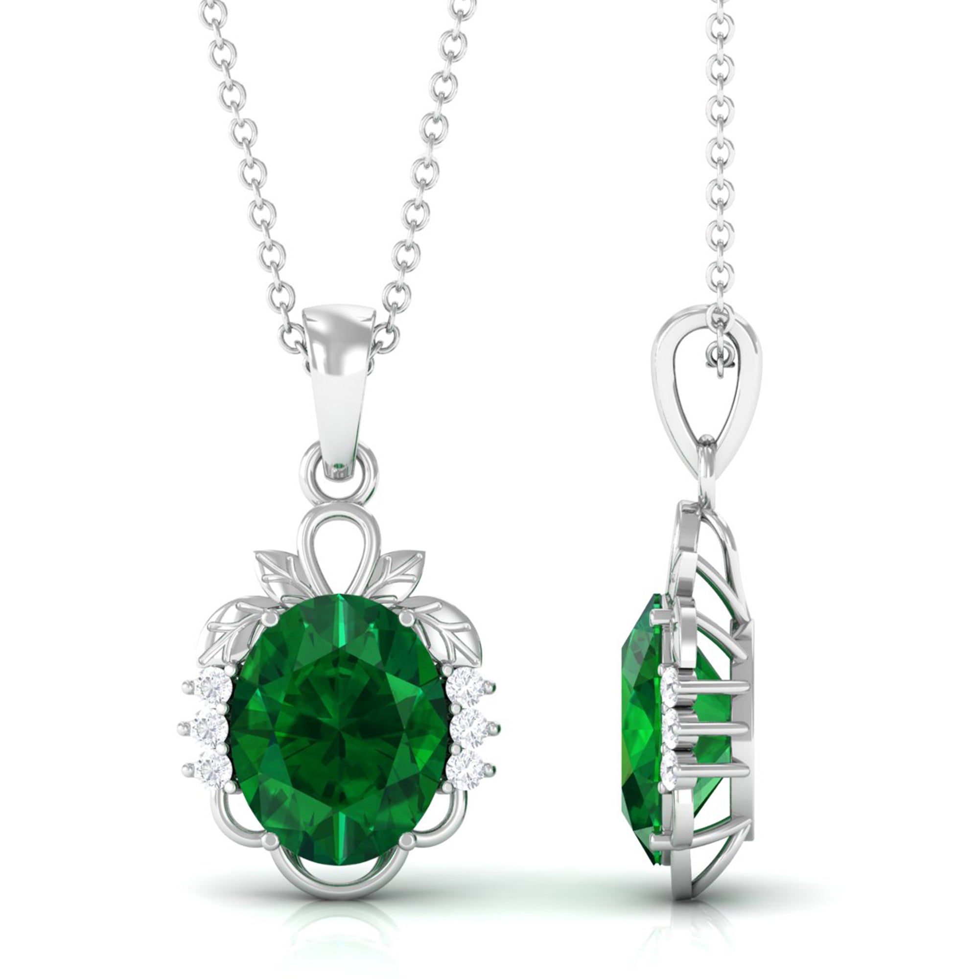 Vibrant Grown Labs-Created Emerald Oval Statement Pendant Necklace with Diamond