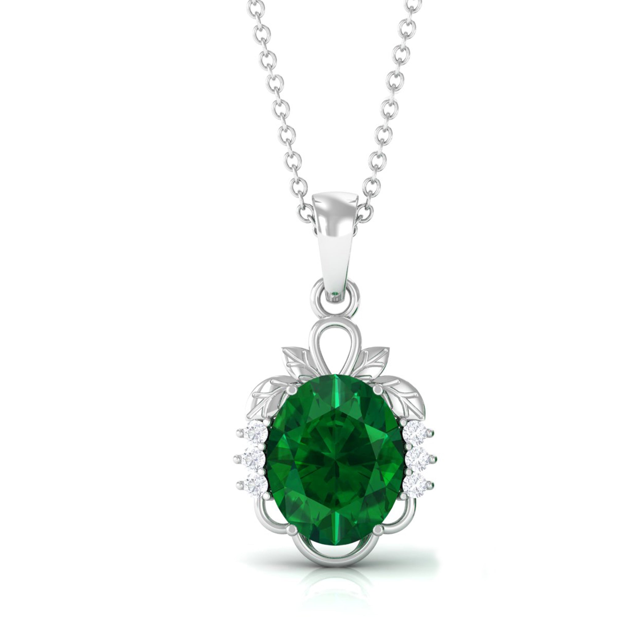 Vibrant Grown Labs-Created Emerald Oval Statement Pendant Necklace with Diamond