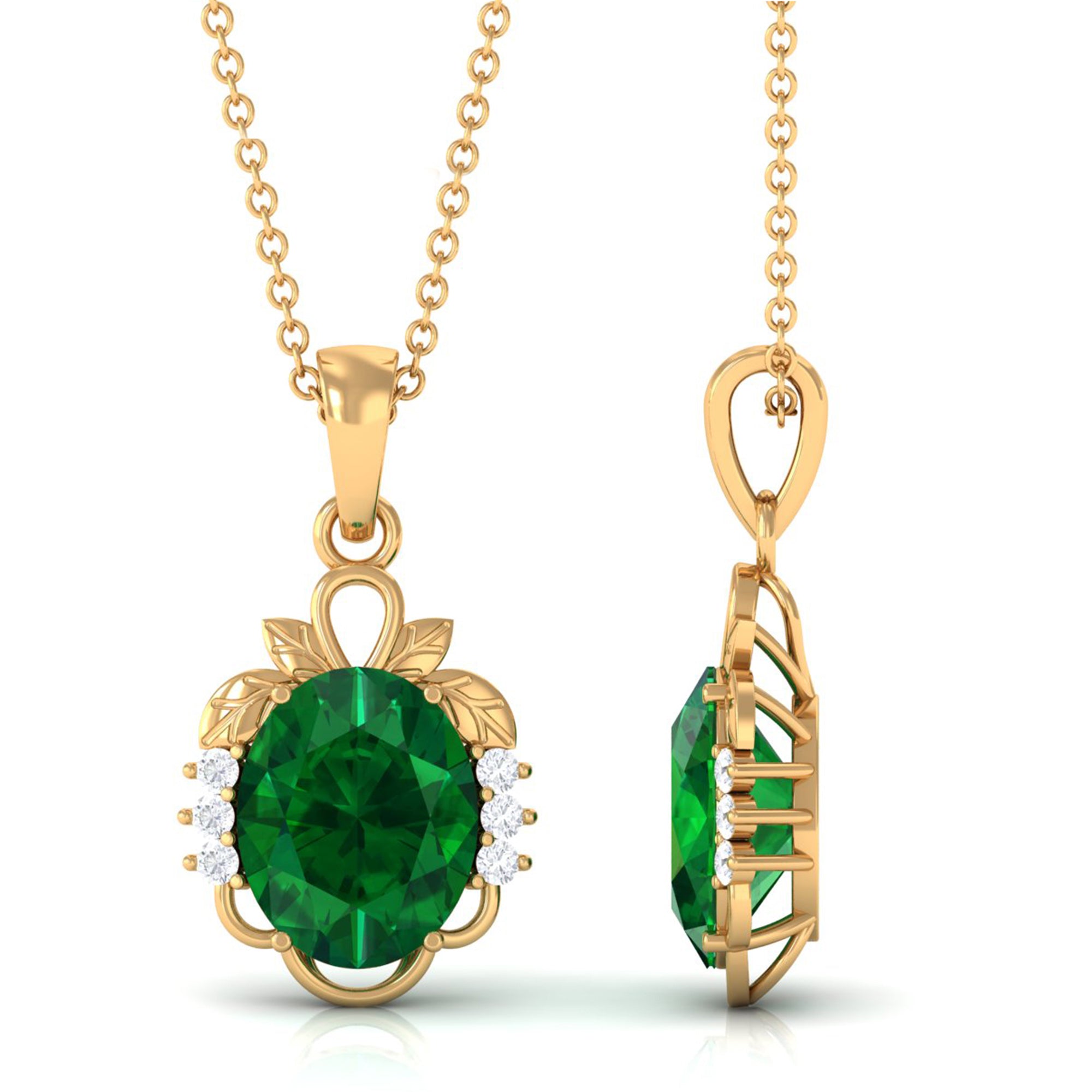 Vibrant Grown Labs-Created Emerald Oval Statement Pendant Necklace with Diamond