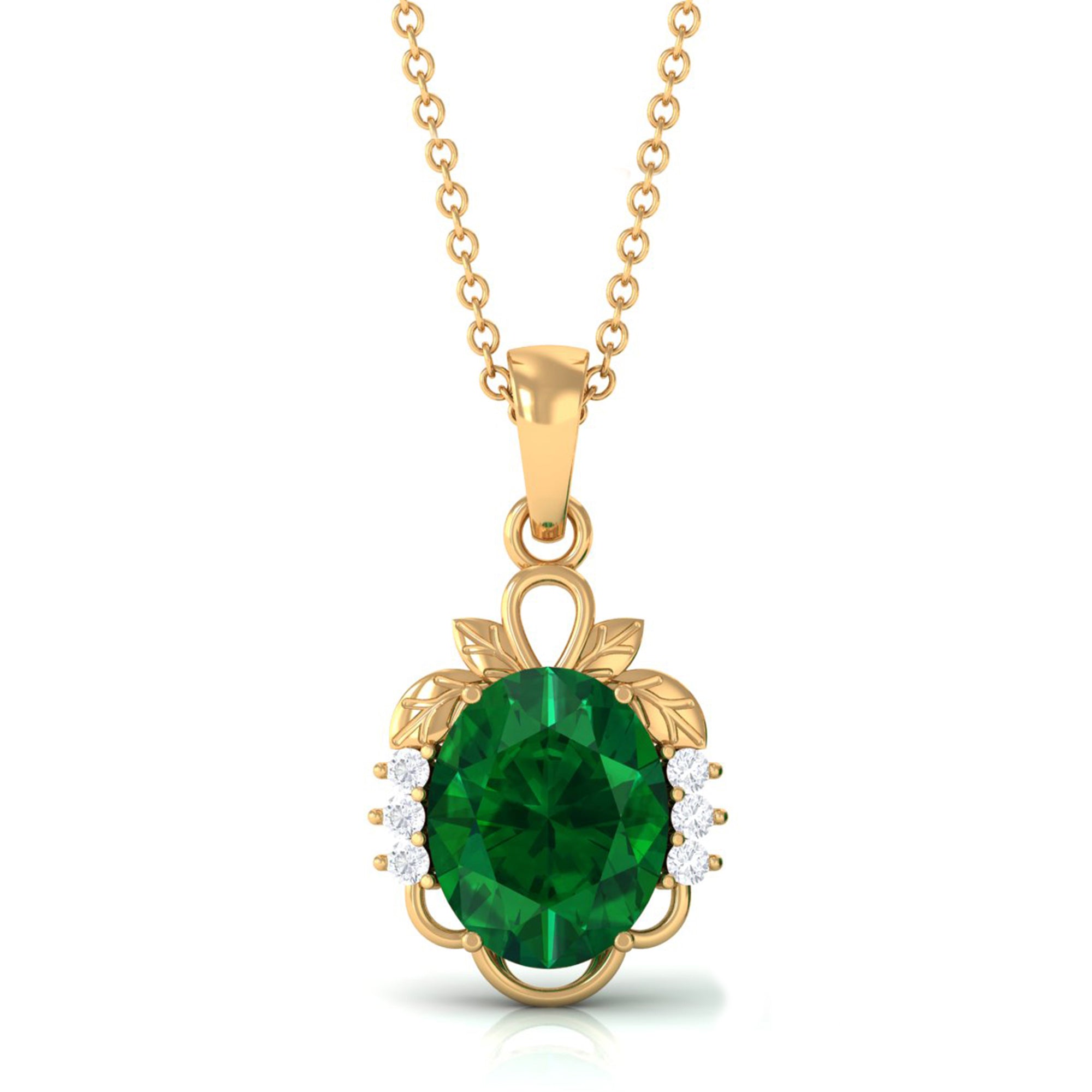 Vibrant Grown Labs-Created Emerald Oval Statement Pendant Necklace with Diamond