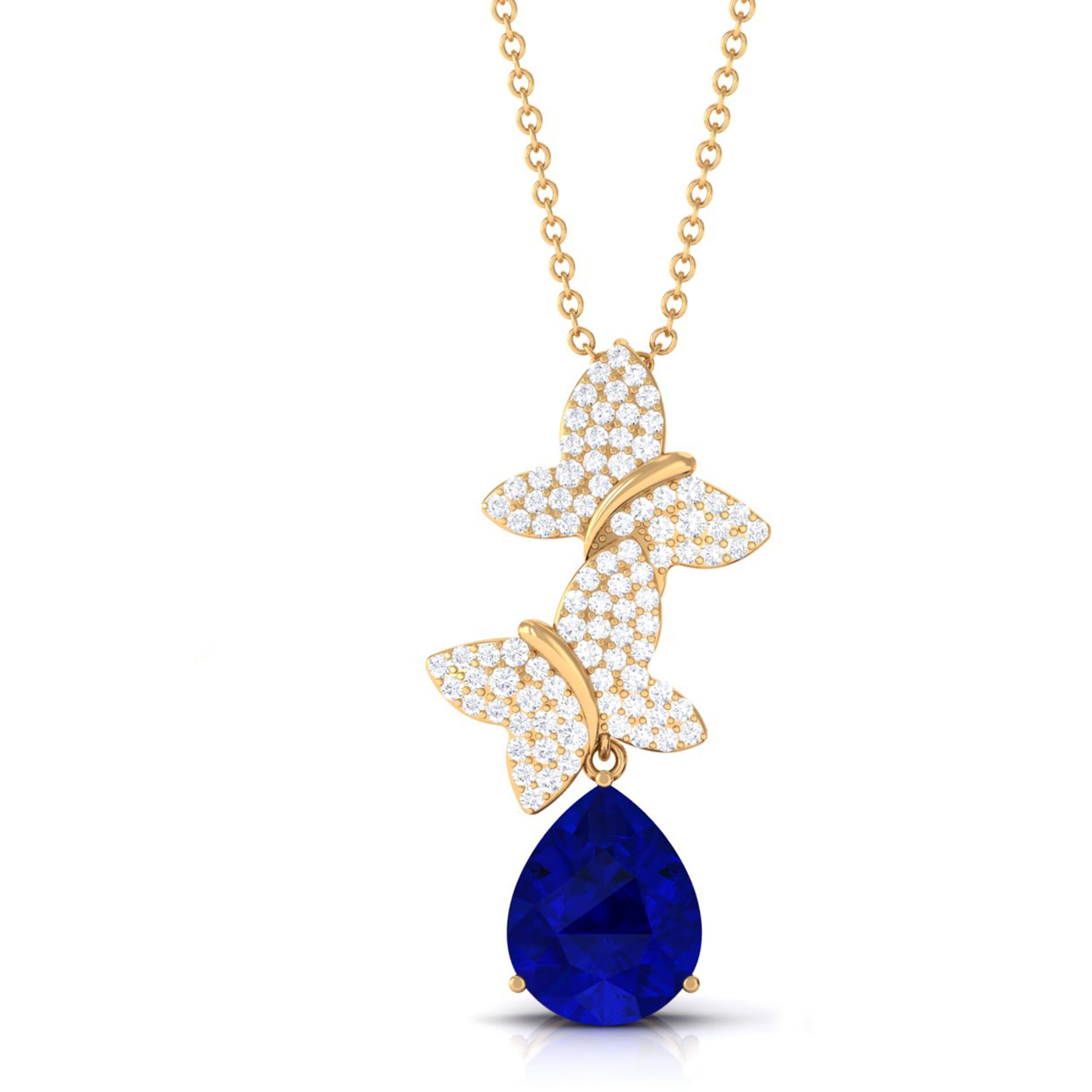 Vibrant Grown Labs-Created Blue Sapphire Pendant Necklace with Diamond Butterflies