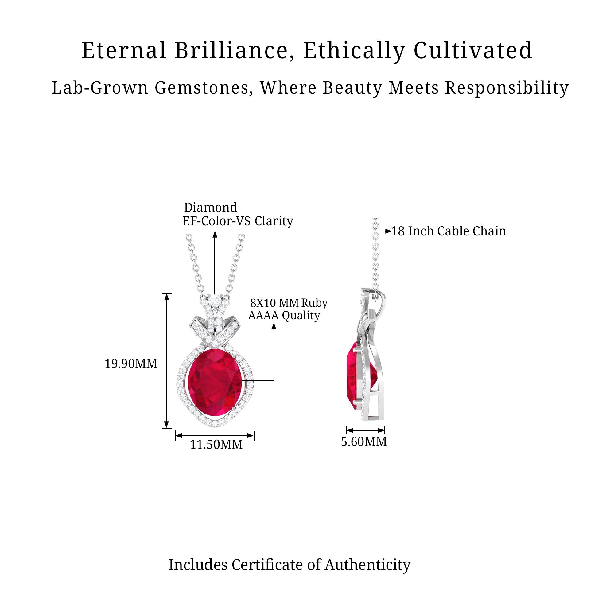 Vibrant Grown Labs-Oval Shape Created Ruby Art Deco Pendant Necklace with Accent