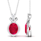 Vibrant Grown Labs-Oval Shape Created Ruby Art Deco Pendant Necklace with Accent