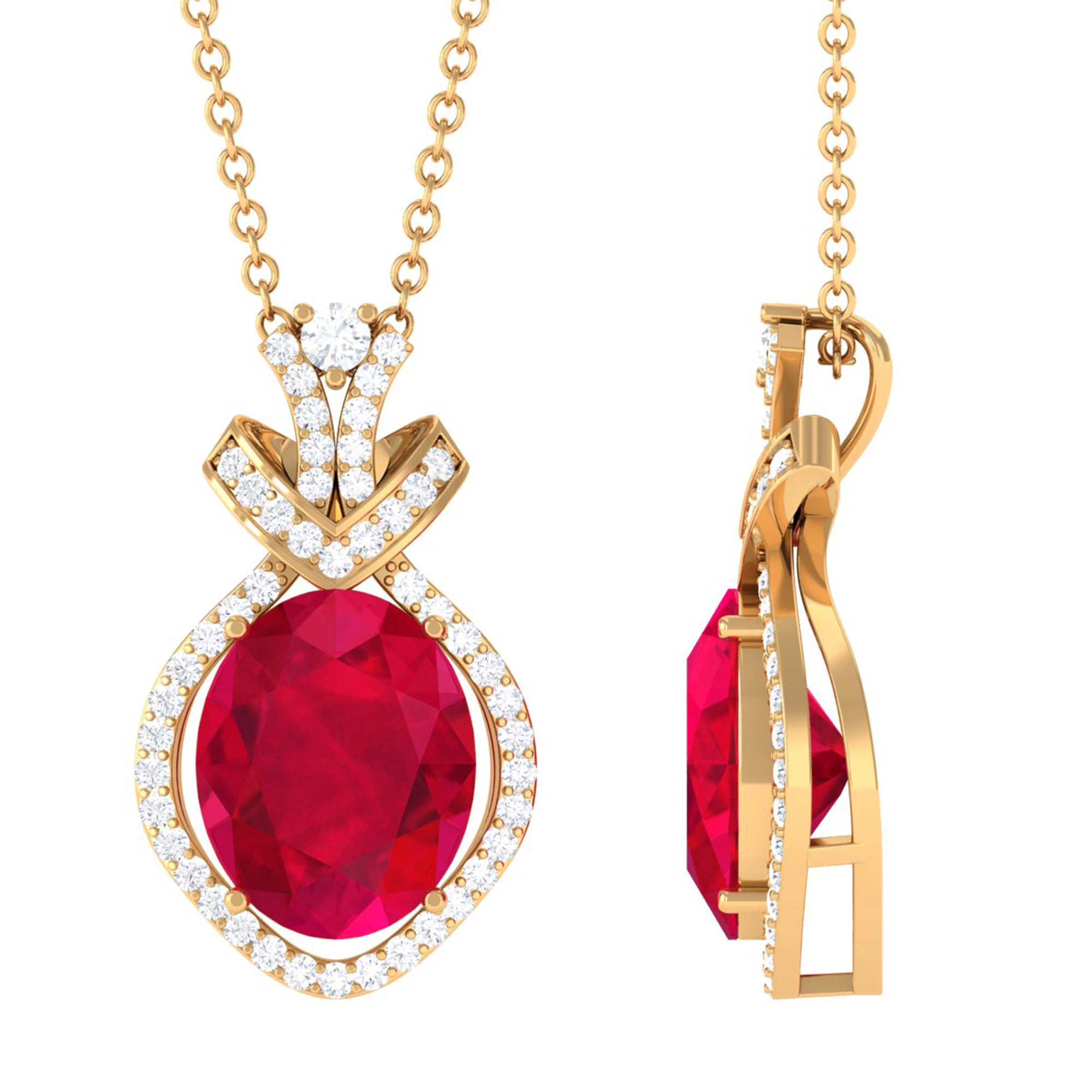 Vibrant Grown Labs-Oval Shape Created Ruby Art Deco Pendant Necklace with Accent