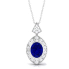 Vibrant Grown Labs-Oval Lab Created Blue Sapphire Art Deco Pendant Necklace with Diamond