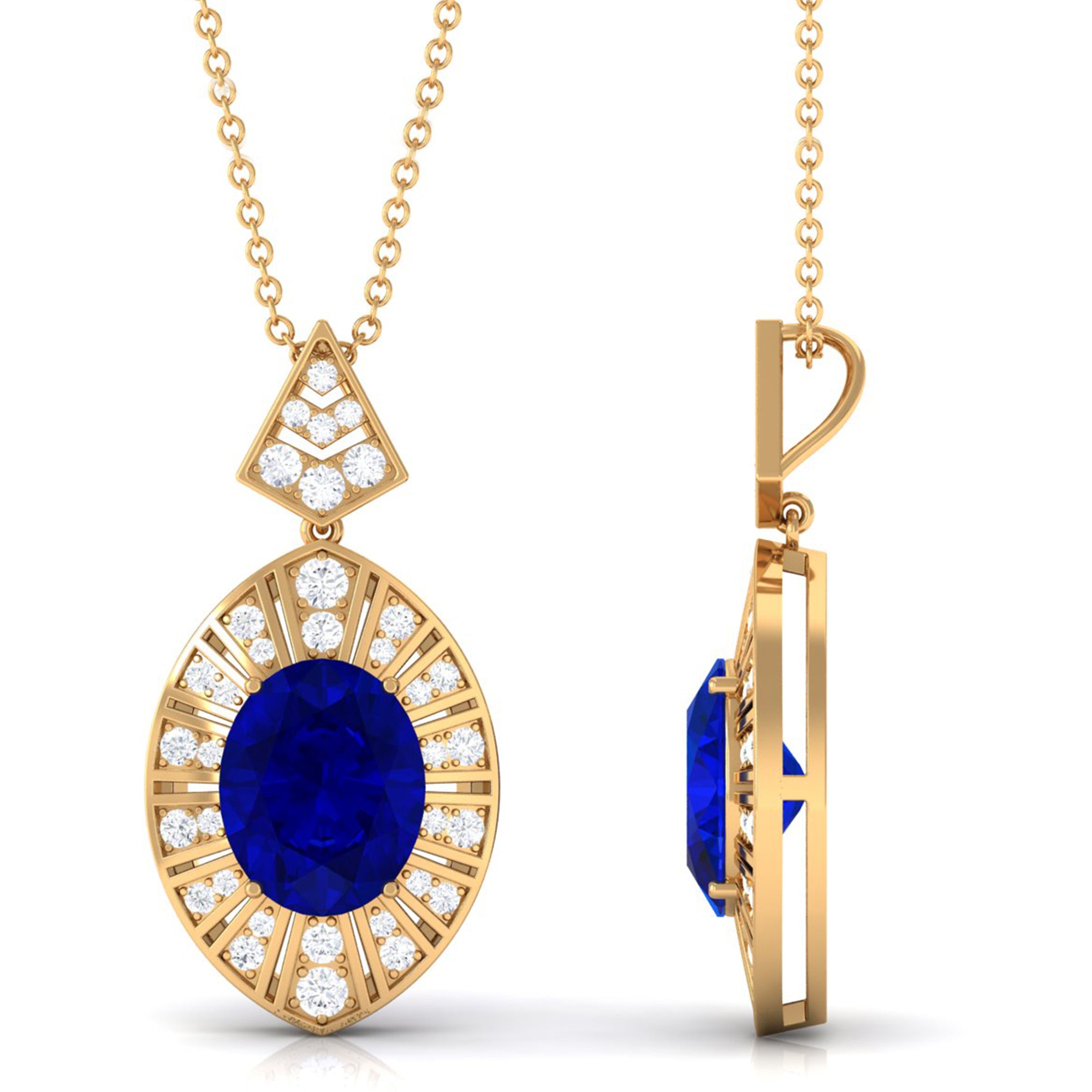 Vibrant Grown Labs-Oval Lab Created Blue Sapphire Art Deco Pendant Necklace with Diamond