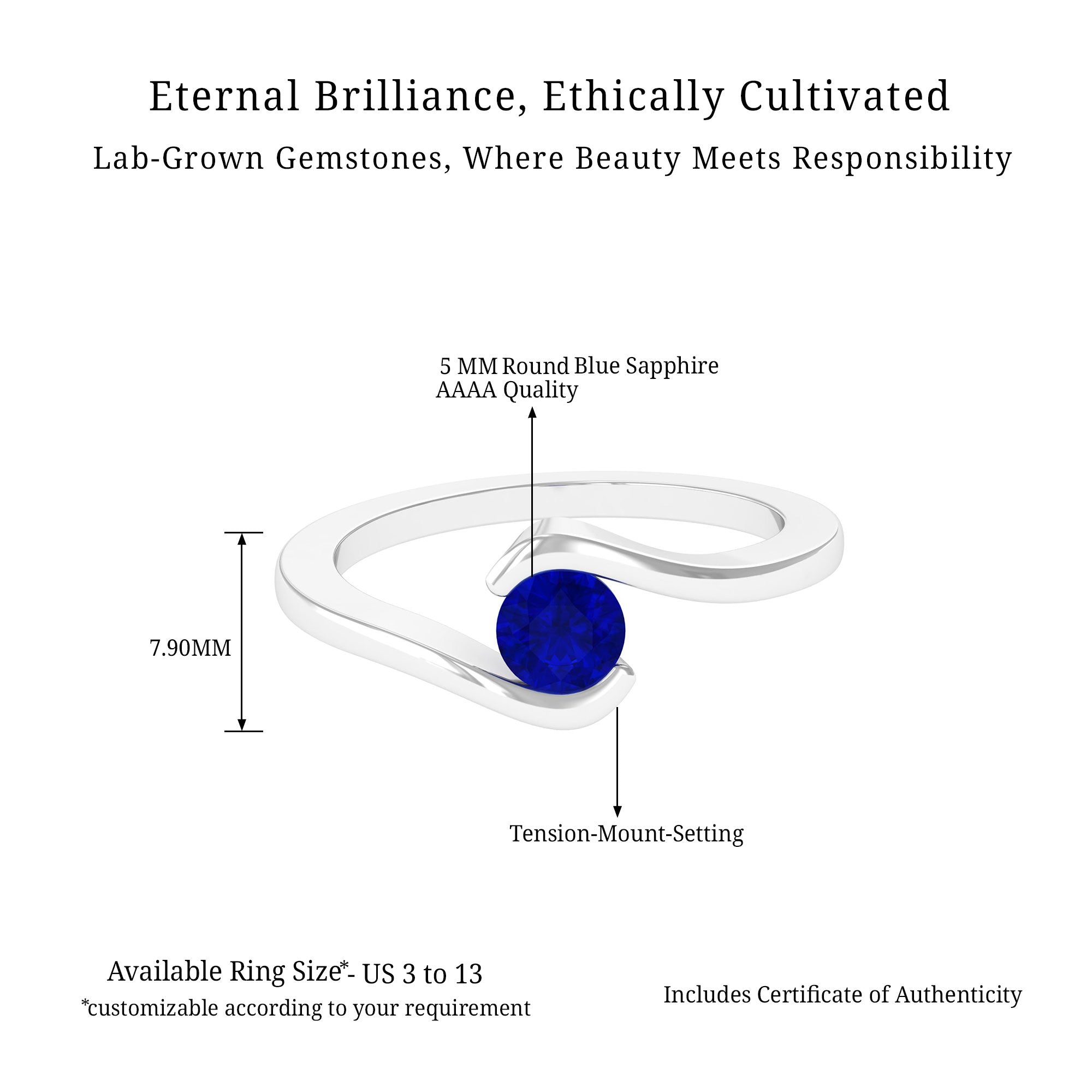 Vibrant Grown Labs-Lab Grown Blue Sapphire Solitaire Promise Bypass Ring