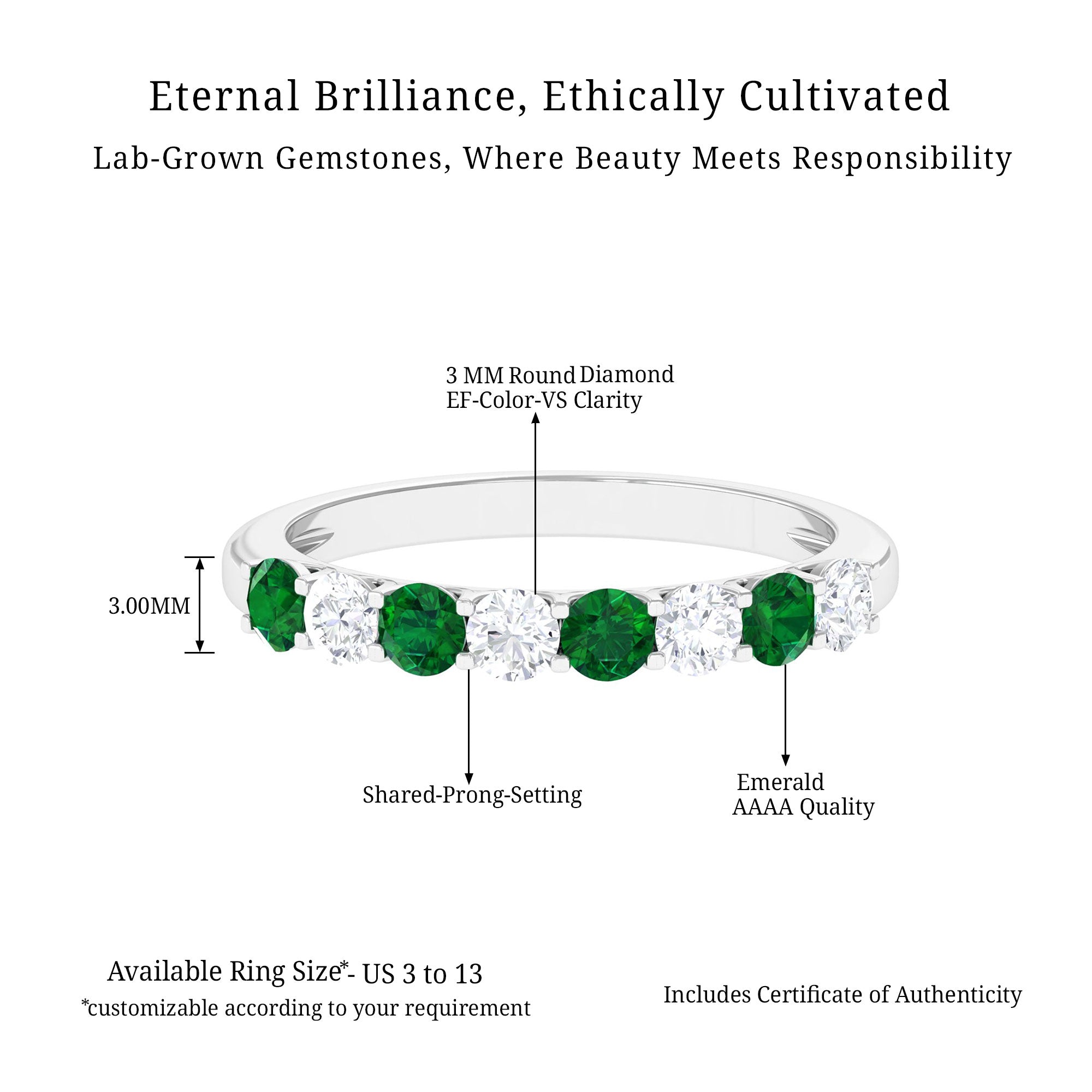 Vibrant Grown Labs-Minimal Half Eternity Band Ring with Lab Created Emerald