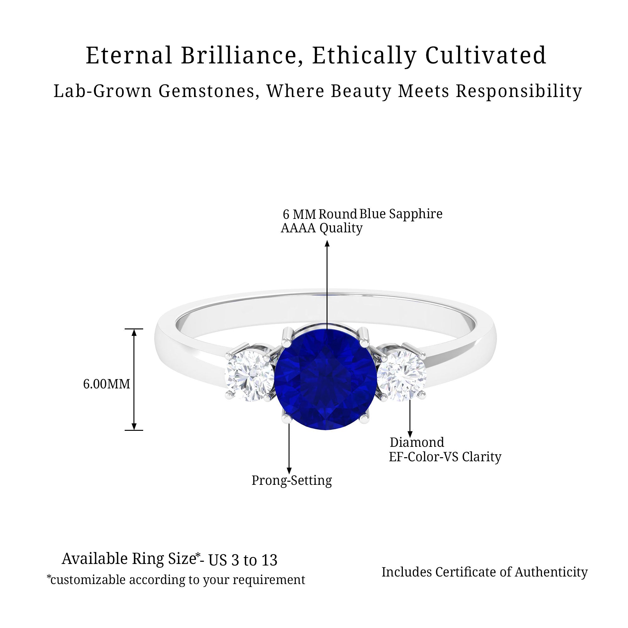 Vibrant Grown Labs-Three Stone Engagement Ring with Lab Grown Blue Sapphire