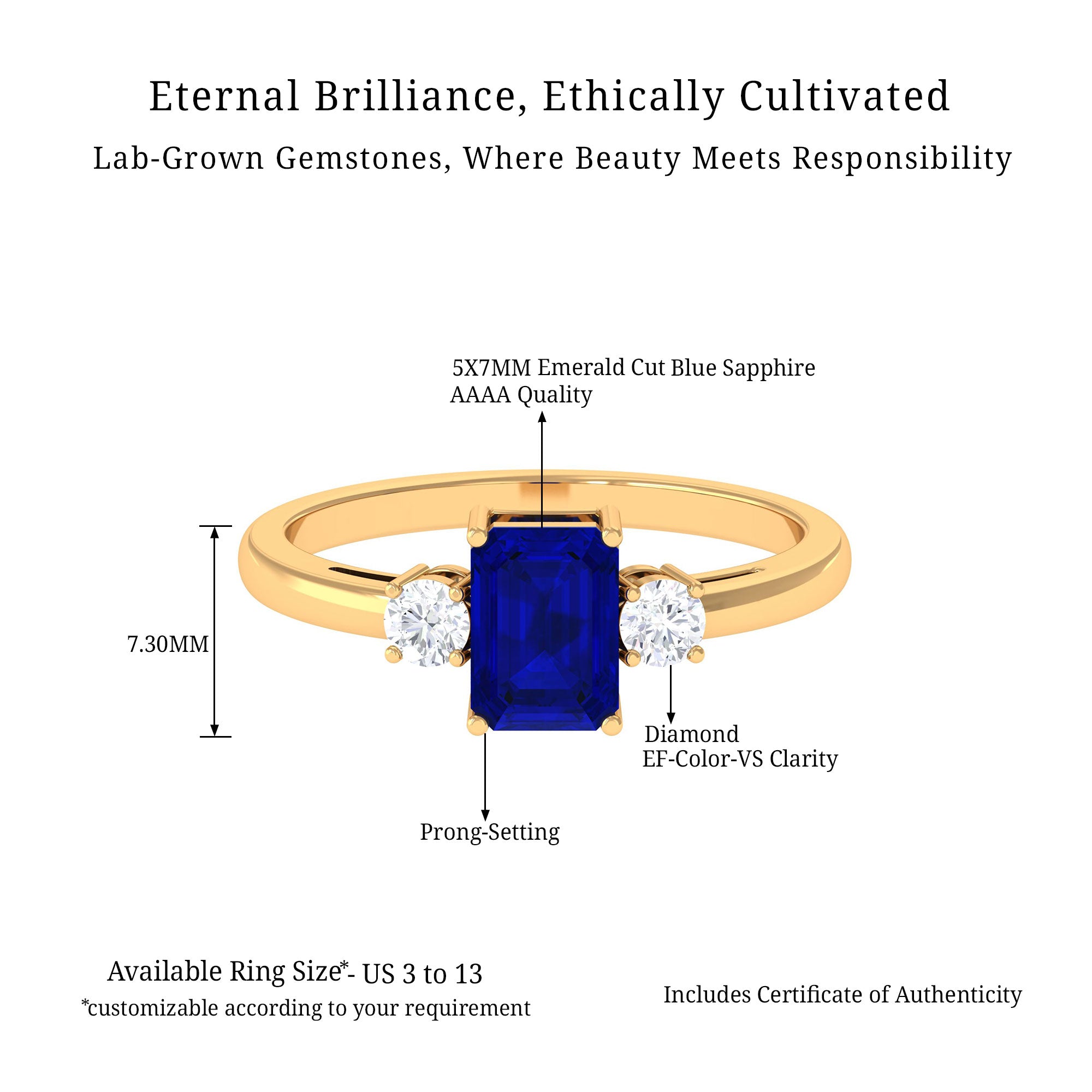 Vibrant Grown Labs-Emerald Cut Lab Grown Blue Sapphire Solitaire Engagement Ring