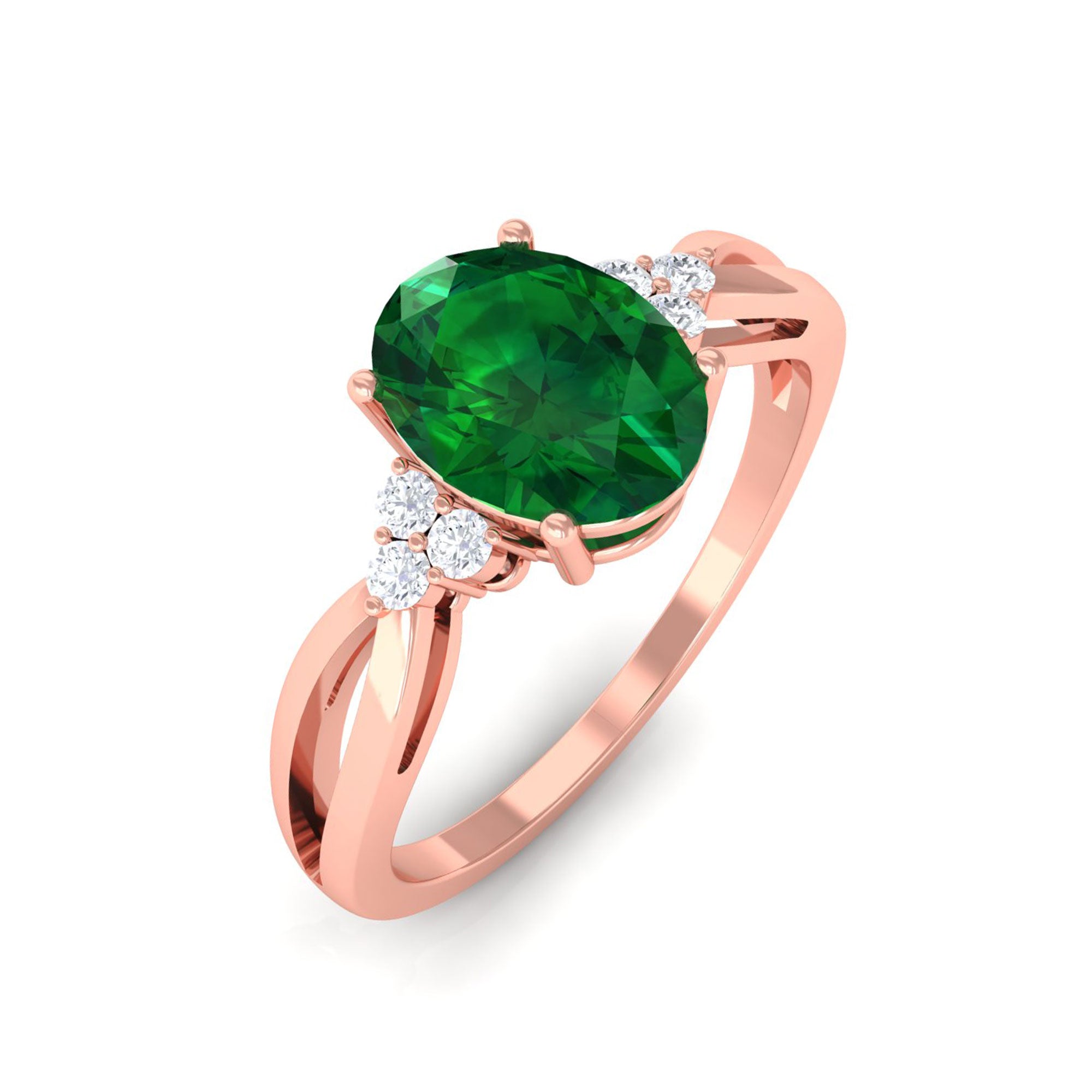 Vibrant Grown Labs-Lab Grown Emerald Split Shank Engagement Ring with Diamond Trio