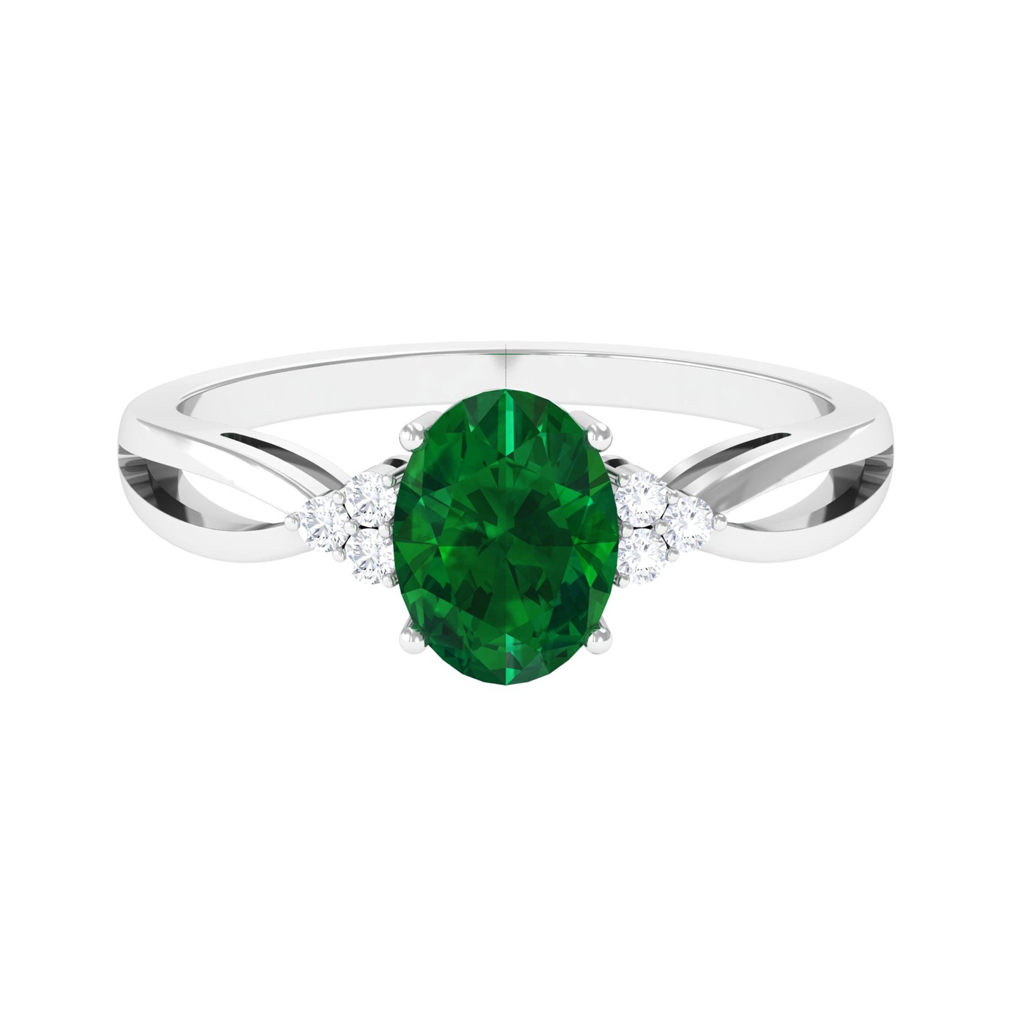 Vibrant Grown Labs-Lab Grown Emerald Split Shank Engagement Ring with Diamond Trio