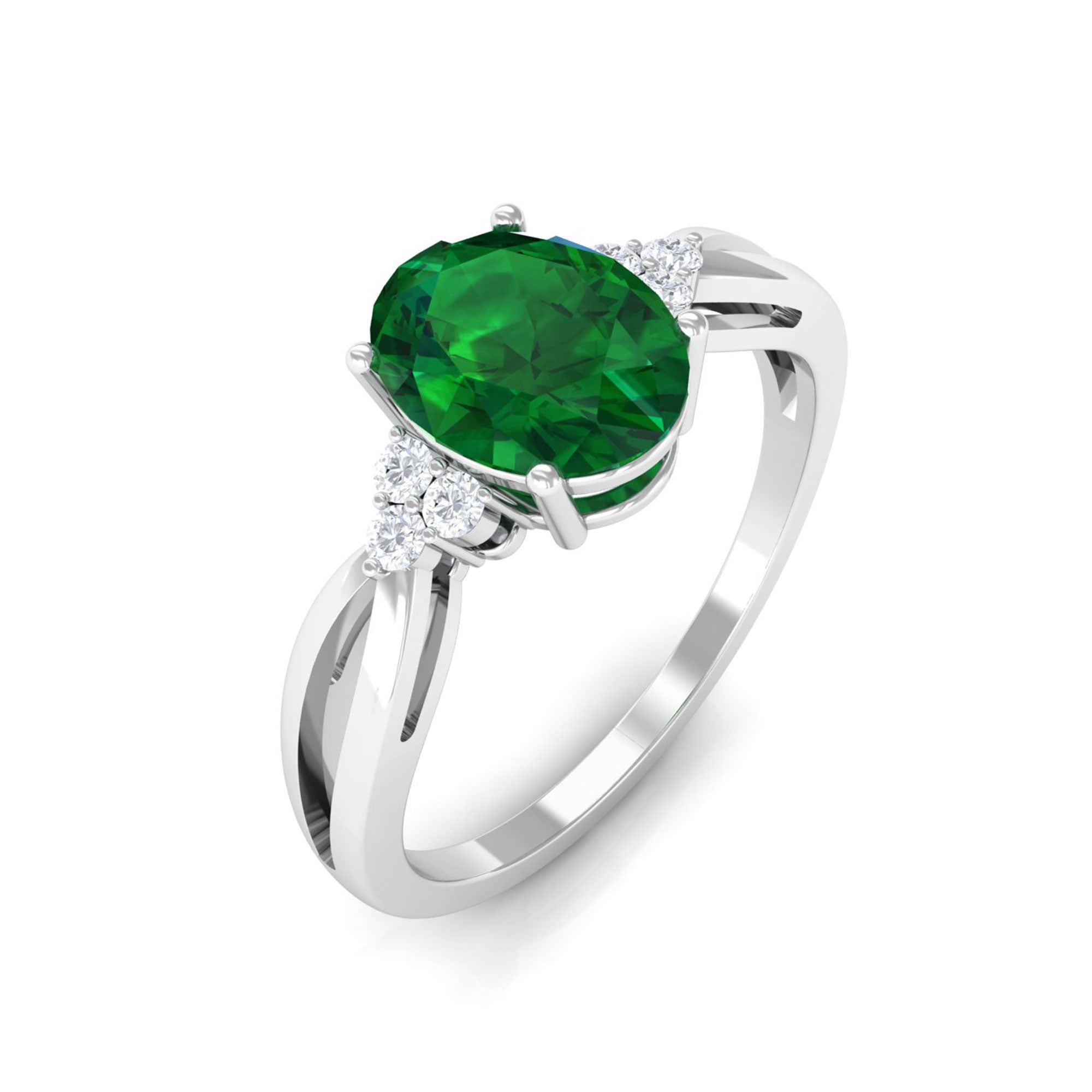 Vibrant Grown Labs-Lab Grown Emerald Split Shank Engagement Ring with Diamond Trio