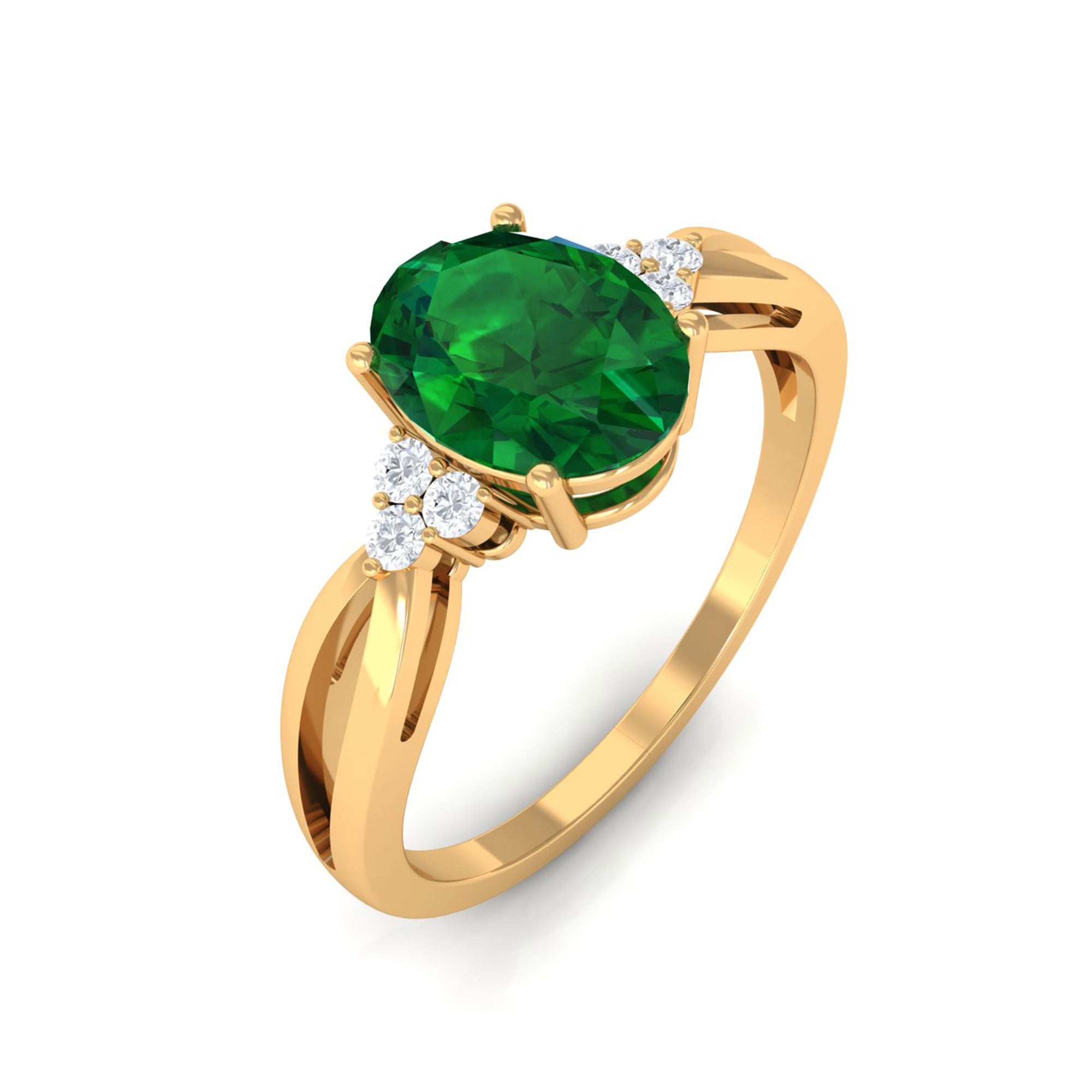 Vibrant Grown Labs-Lab Grown Emerald Split Shank Engagement Ring with Diamond Trio