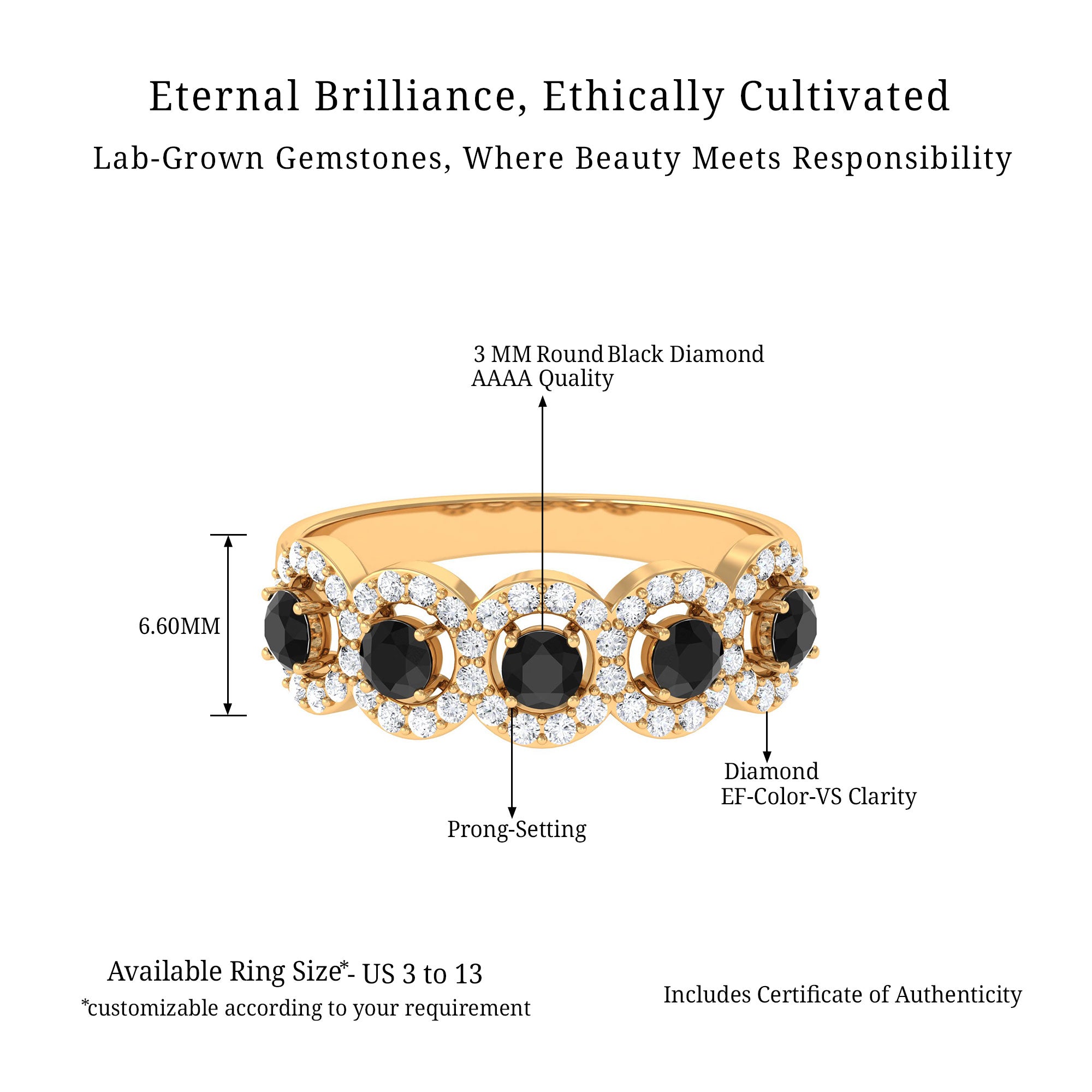 Vibrant Grown Labs-Classic Lab Grown Black Diamond Half Eternity Band Ring