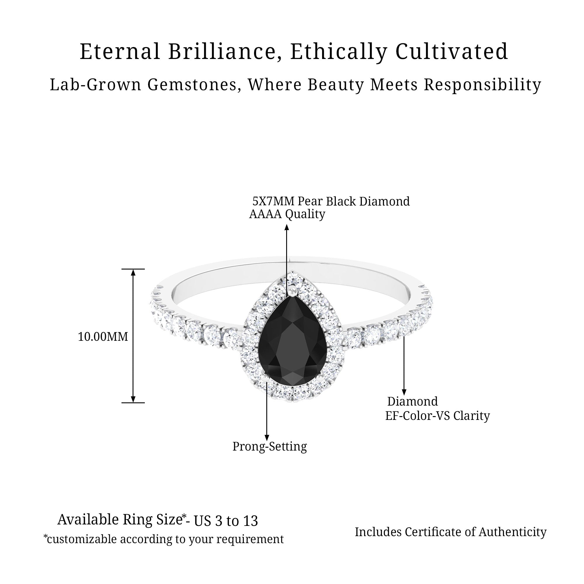 Vibrant Grown Labs-Pear Shape Lab Created Black Diamond Ring with Halo