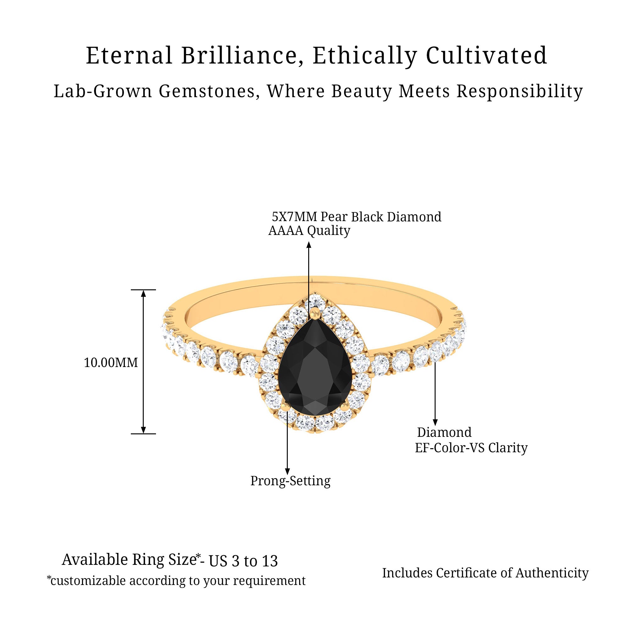 Vibrant Grown Labs-Pear Shape Lab Created Black Diamond Ring with Halo