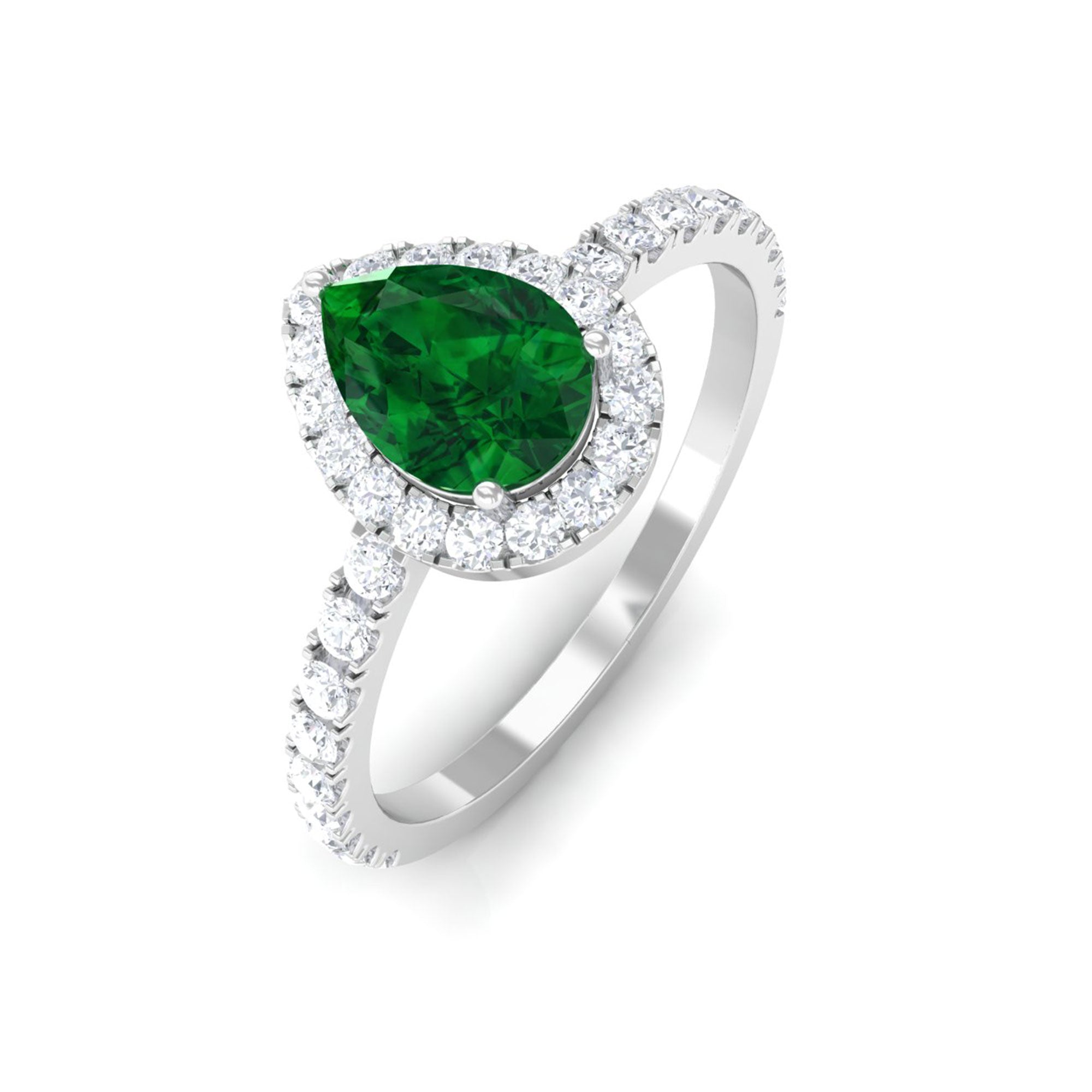 Vibrant Grown Labs-Lab Grown Emerald Teardrop Halo Engagement Ring with Accent