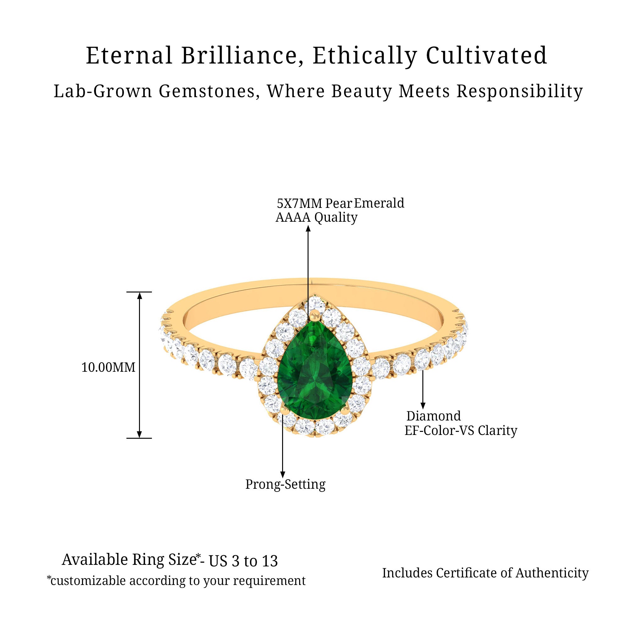 Vibrant Grown Labs-Lab Grown Emerald Teardrop Halo Engagement Ring with Accent