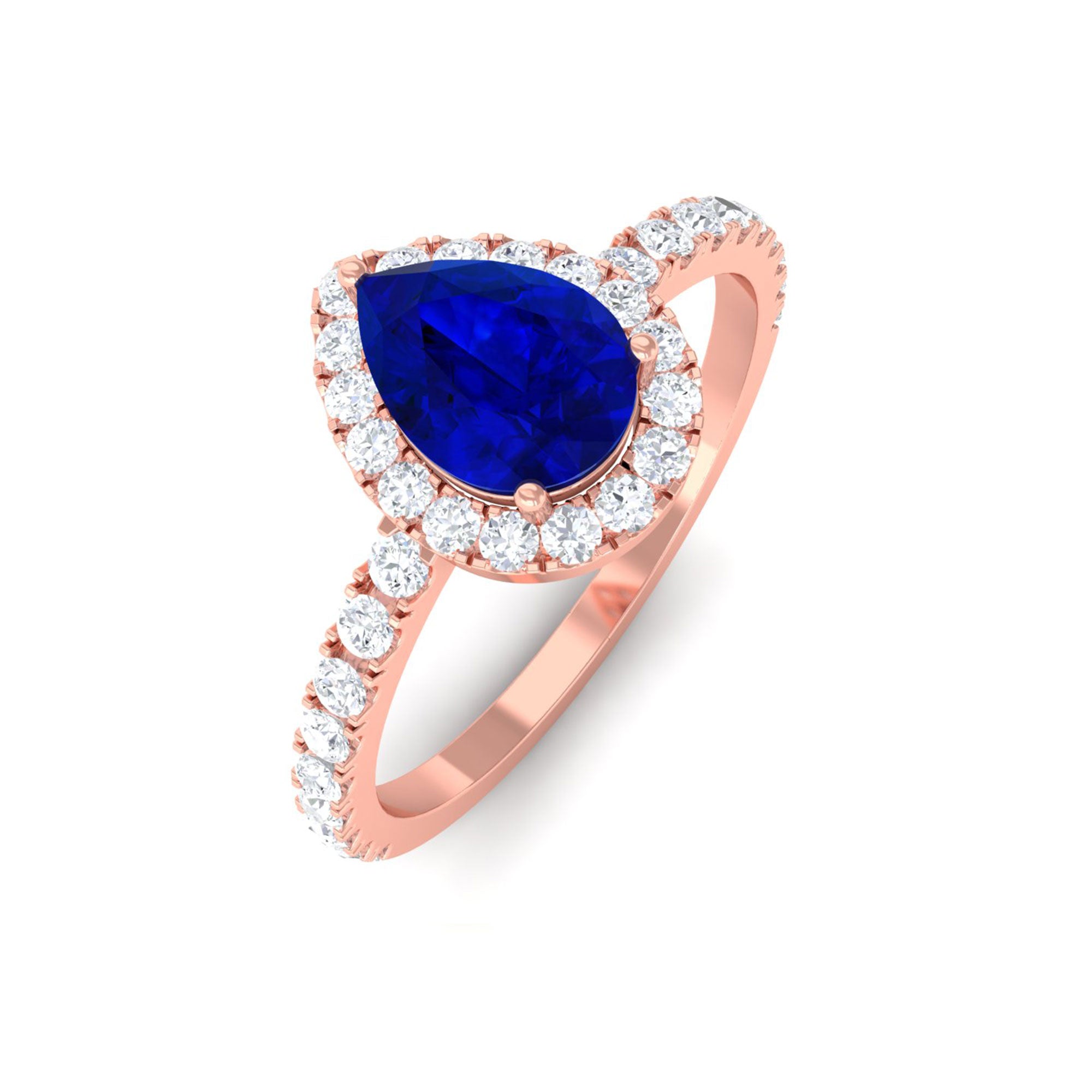 Vibrant Grown Labs-Pear Shaped Lab Grown Blue Sapphire Ring With Halo