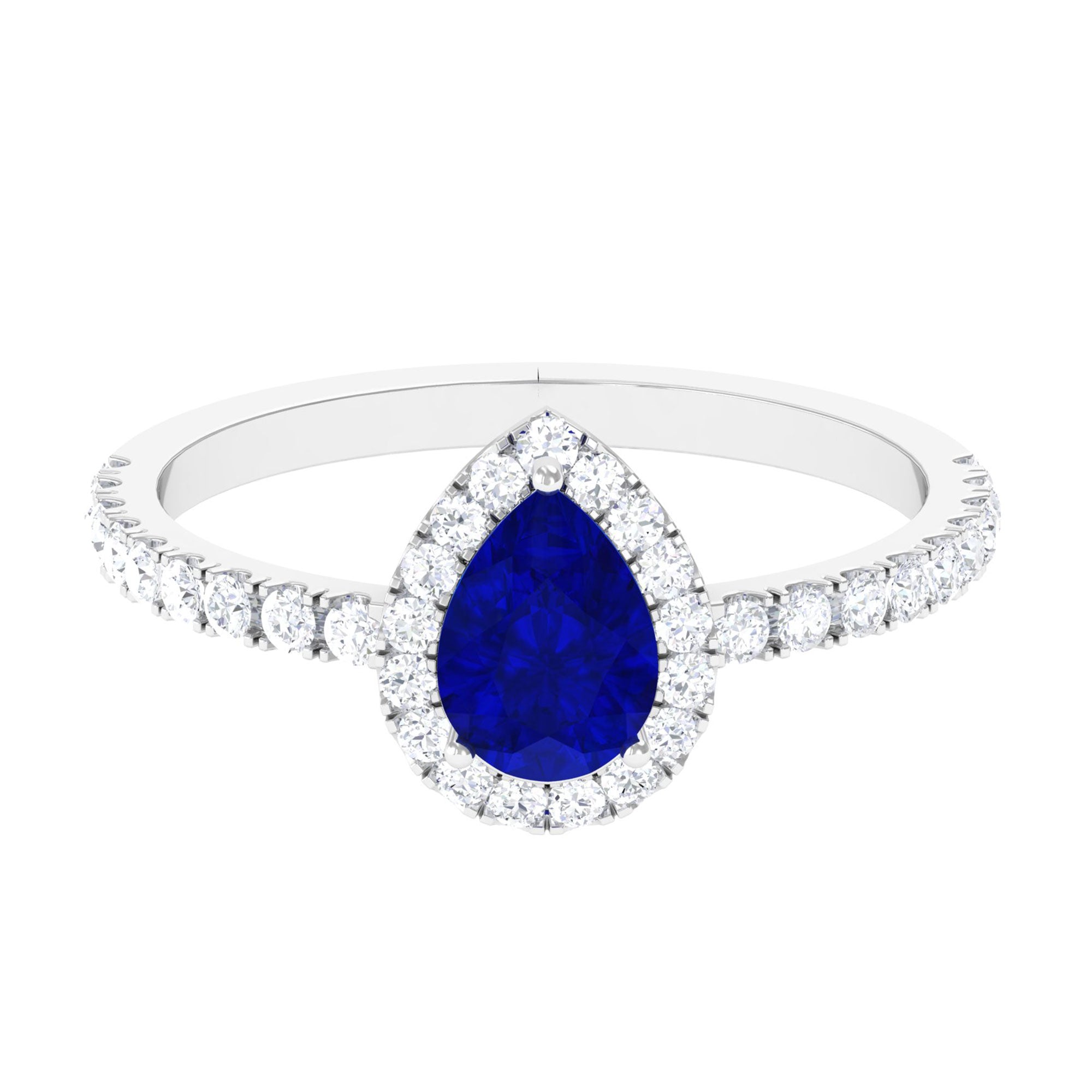 Vibrant Grown Labs-Pear Shaped Lab Grown Blue Sapphire Ring With Halo