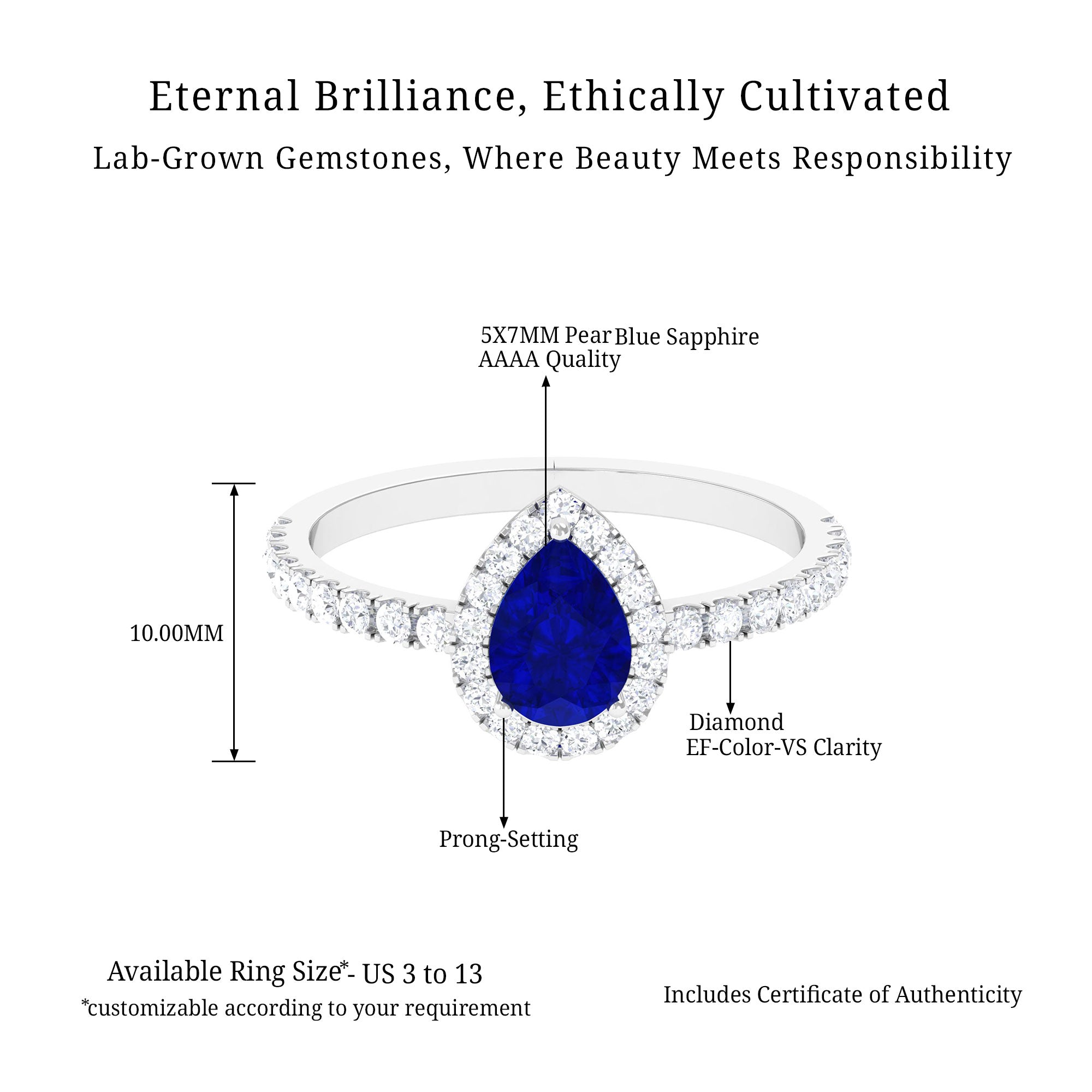 Vibrant Grown Labs-Pear Shaped Lab Grown Blue Sapphire Ring With Halo