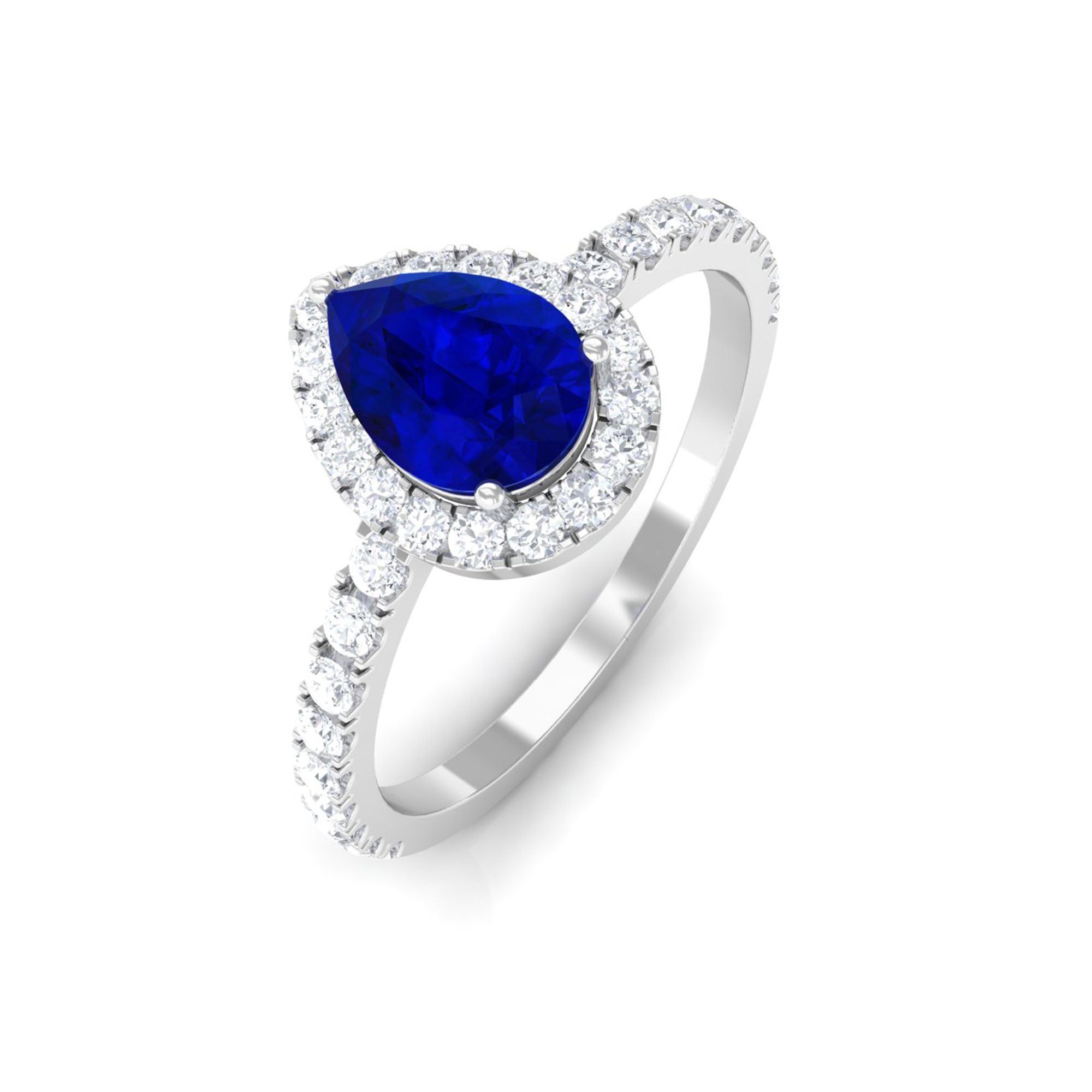 Vibrant Grown Labs-Pear Shaped Lab Grown Blue Sapphire Ring With Halo