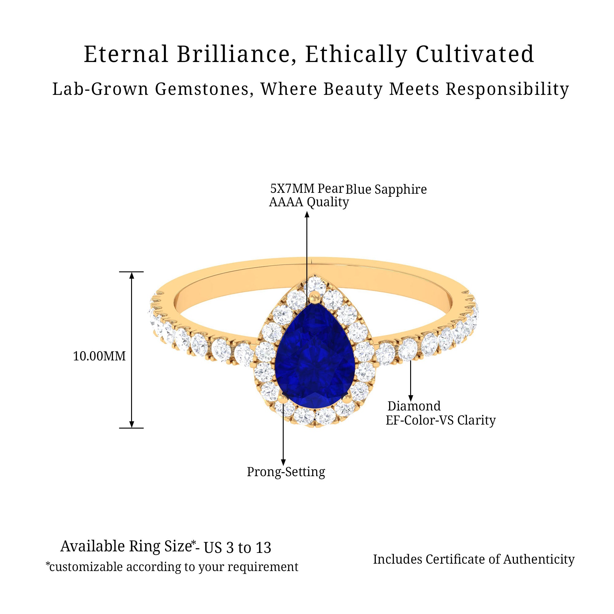 Vibrant Grown Labs-Pear Shaped Lab Grown Blue Sapphire Ring With Halo