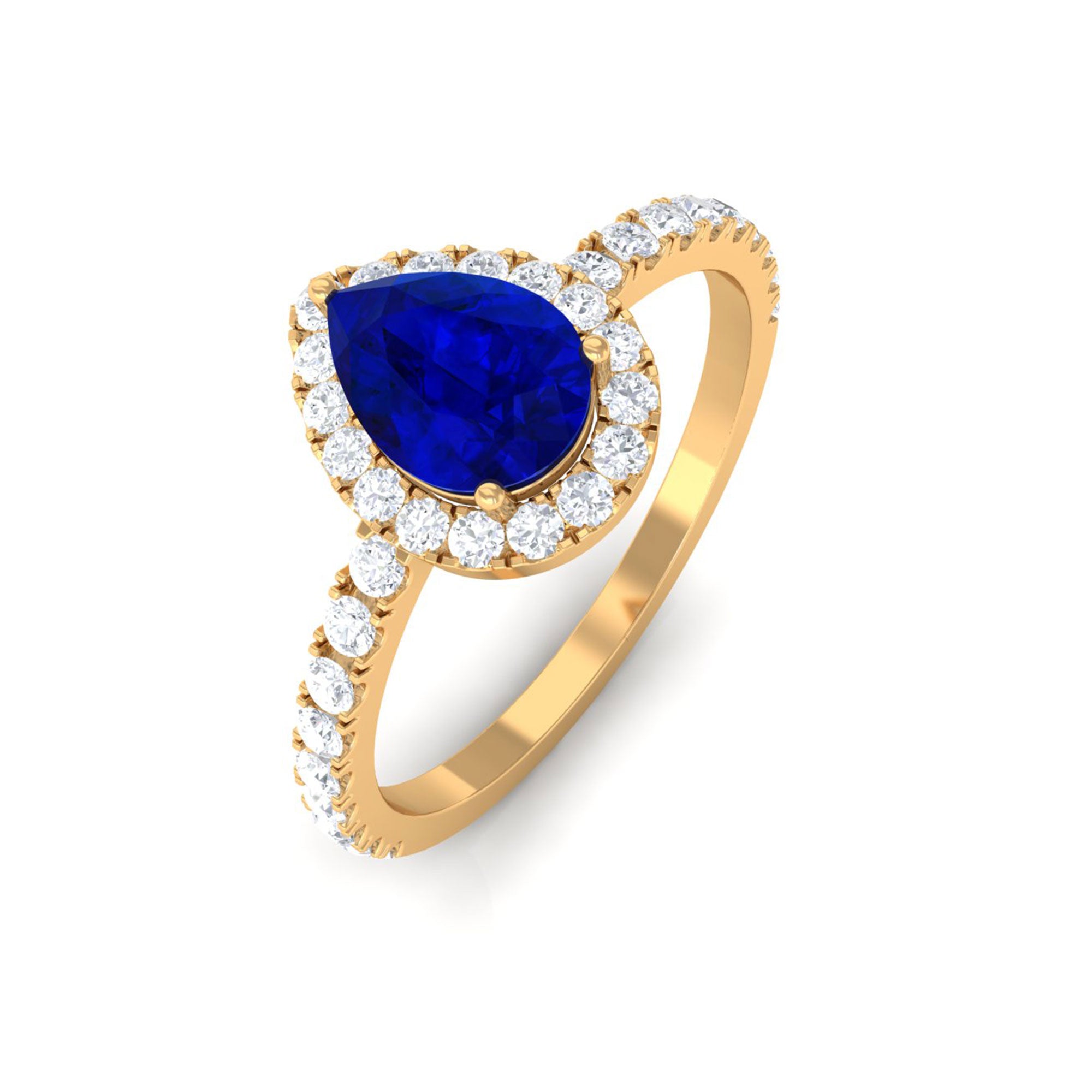 Vibrant Grown Labs-Pear Shaped Lab Grown Blue Sapphire Ring With Halo