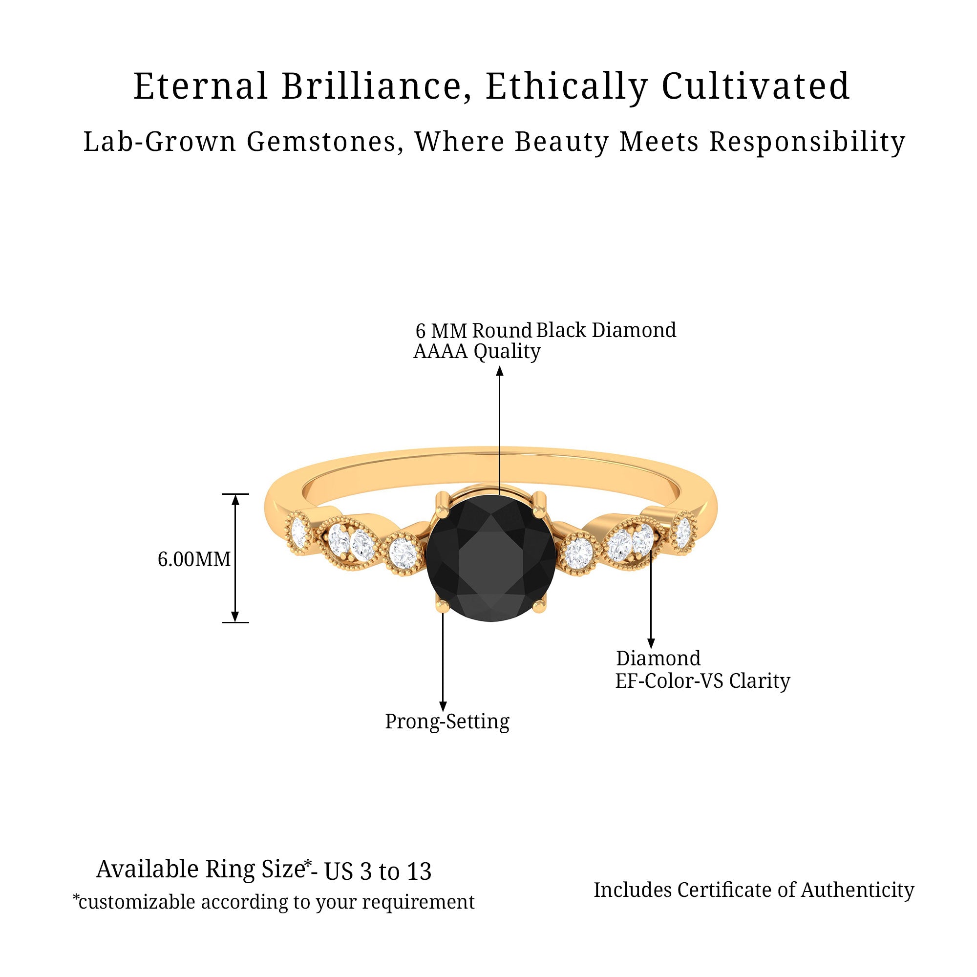 Vibrant Grown Labs-Classic Round Lab Grown Black Diamond Solitaire Ring