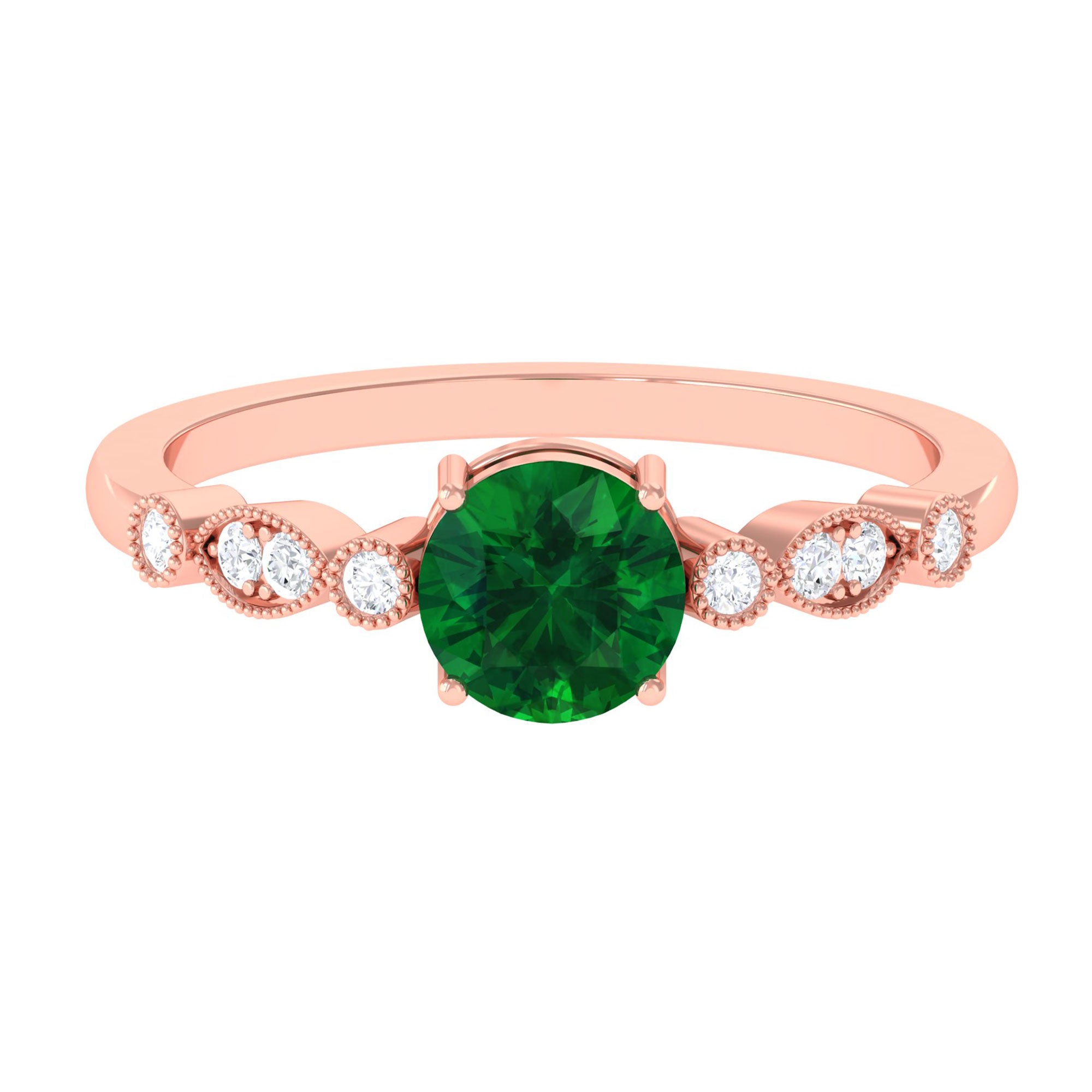 Vibrant Grown Labs-Lab Grown Emerald Classic Halo Ring with Beaded Details