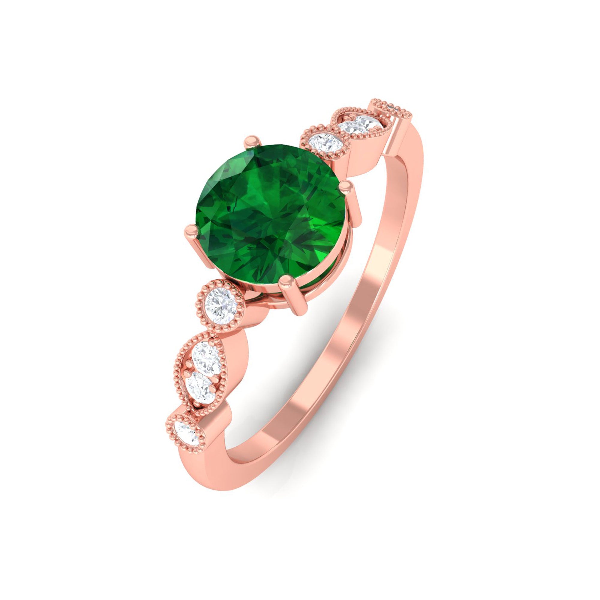 Vibrant Grown Labs-Lab Grown Emerald Classic Halo Ring with Beaded Details