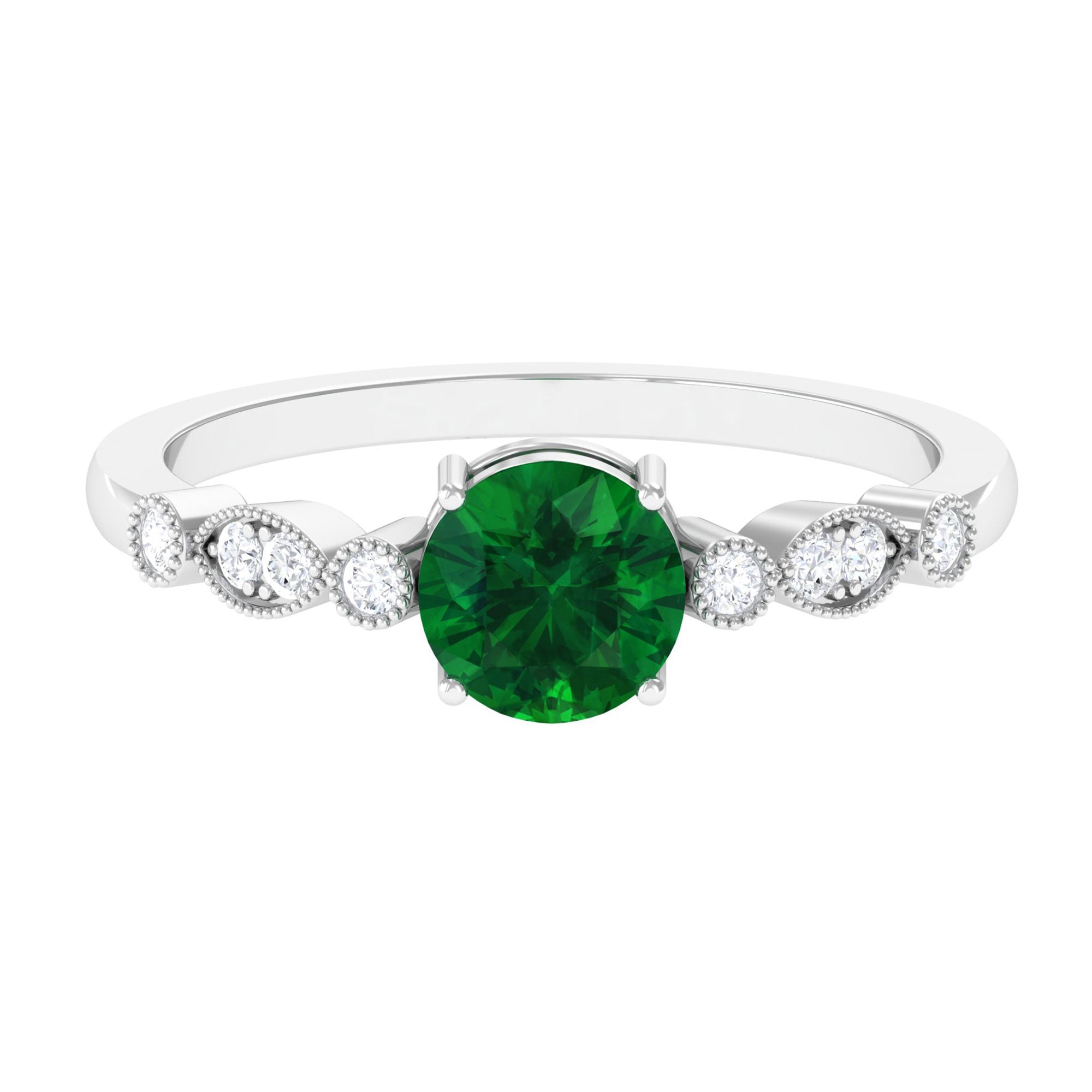 Vibrant Grown Labs-Lab Grown Emerald Classic Halo Ring with Beaded Details