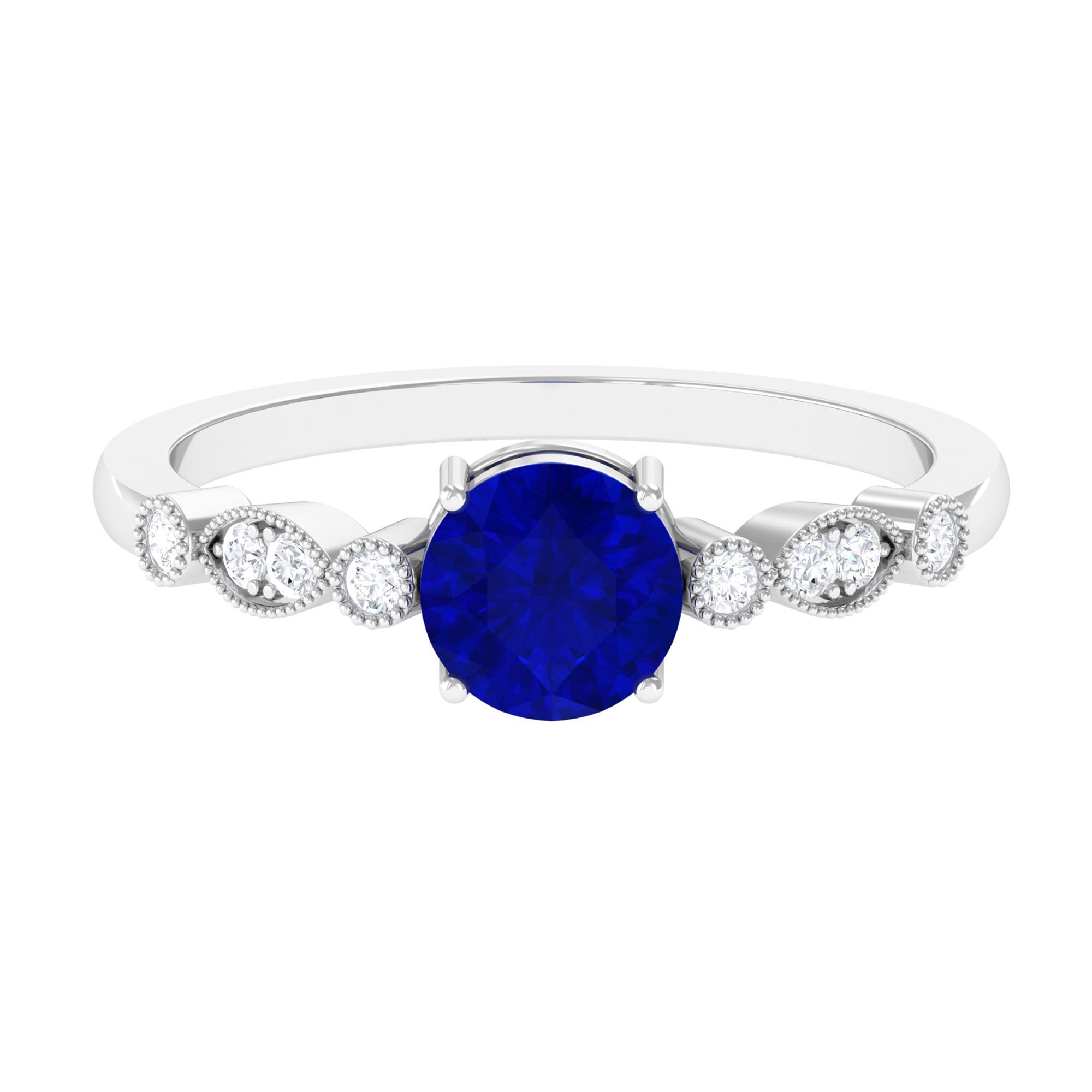 Vibrant Grown Labs-Round Lab Grown Blue Sapphire Classic Engagement Ring