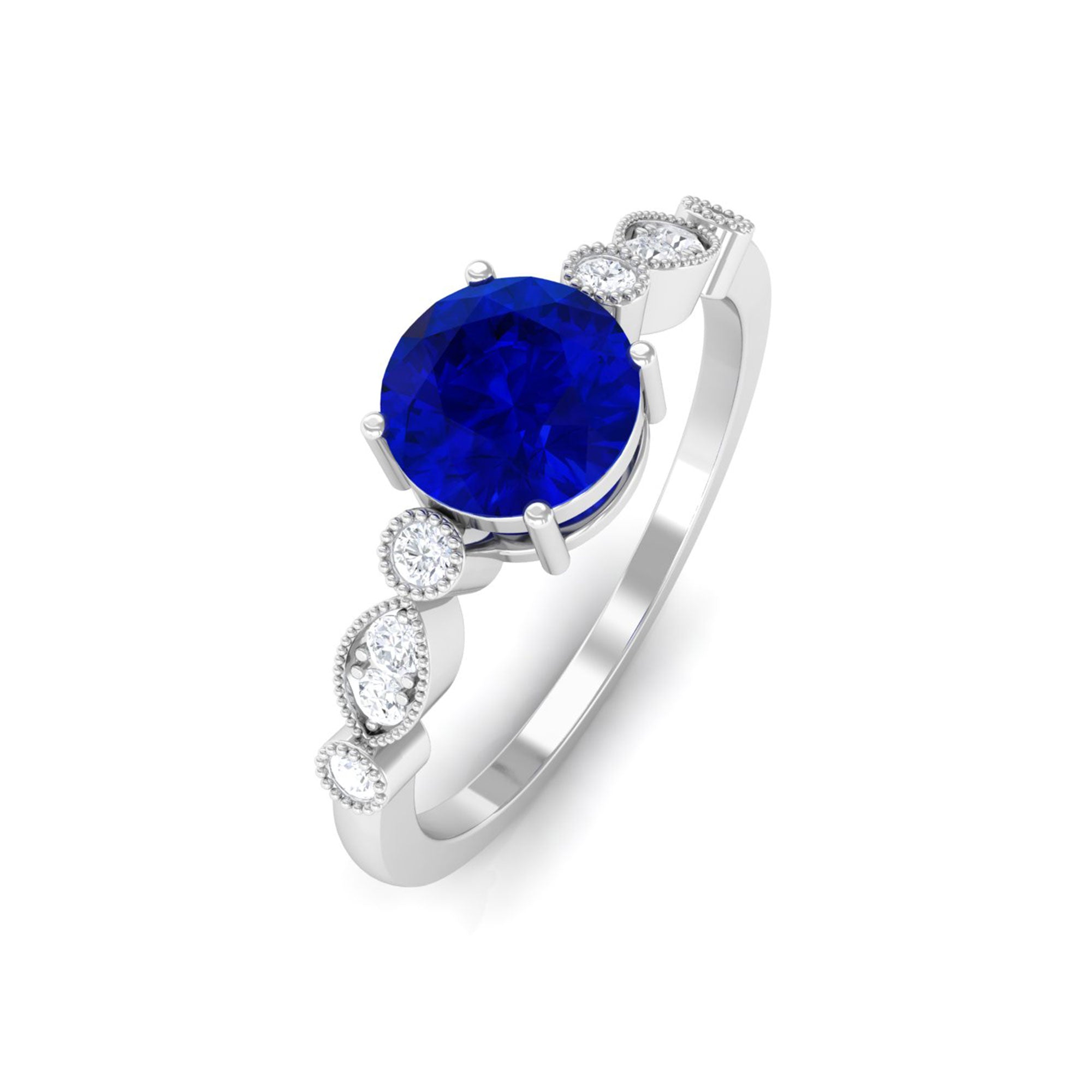 Vibrant Grown Labs-Round Lab Grown Blue Sapphire Classic Engagement Ring