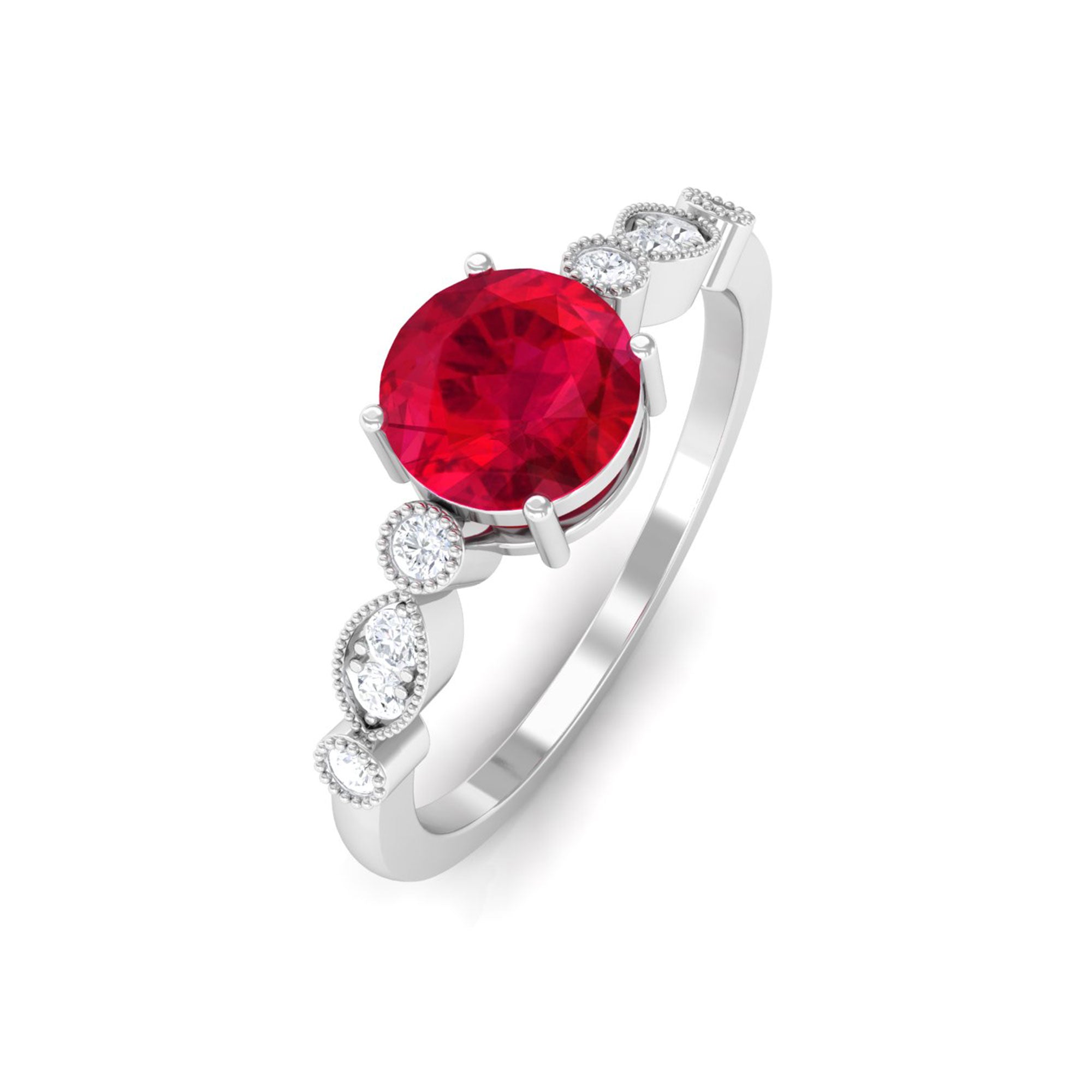 Vibrant Grown Labs-Classic Lab Grown Ruby Solitaire Engagement Ring with Side Stones