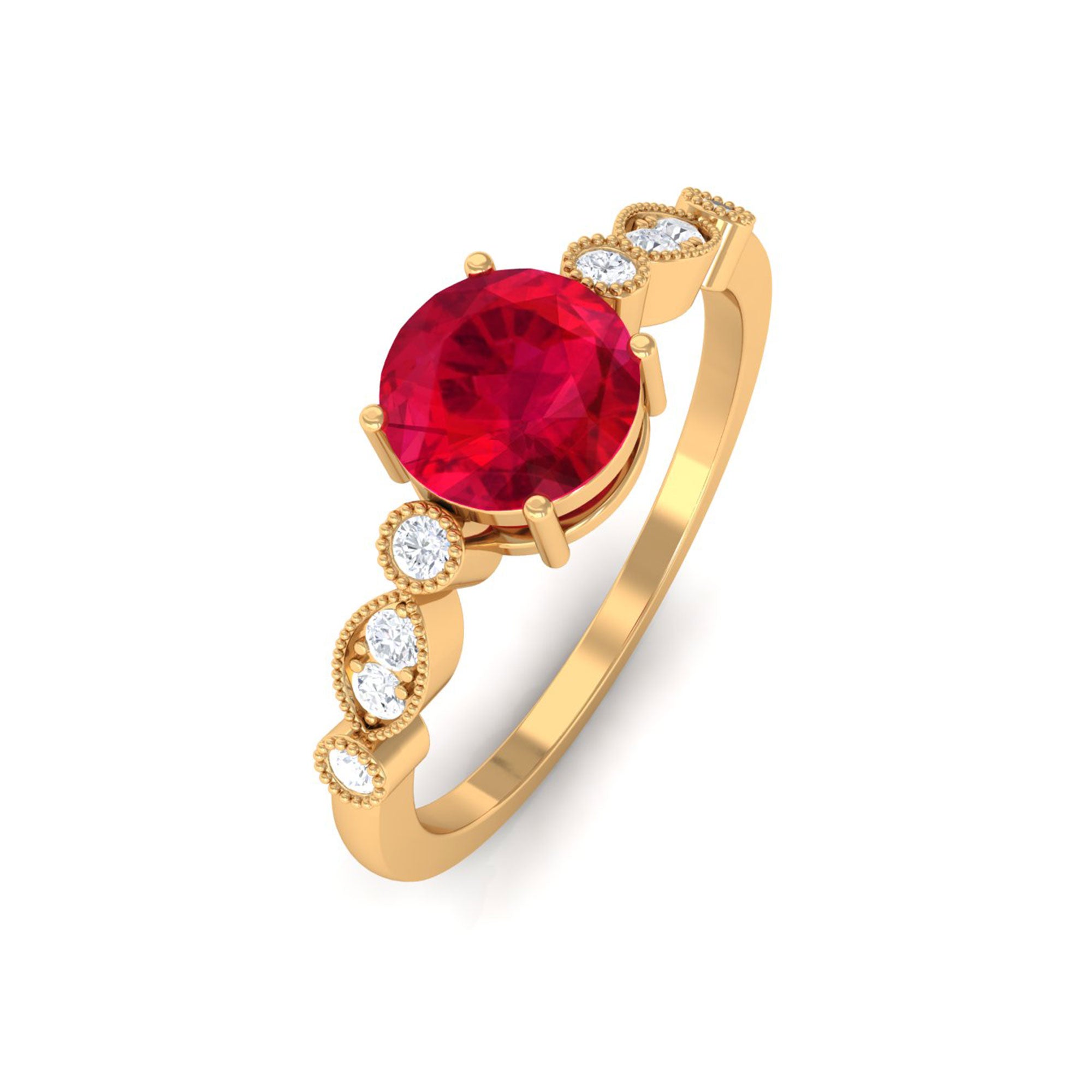 Vibrant Grown Labs-Classic Lab Grown Ruby Solitaire Engagement Ring with Side Stones