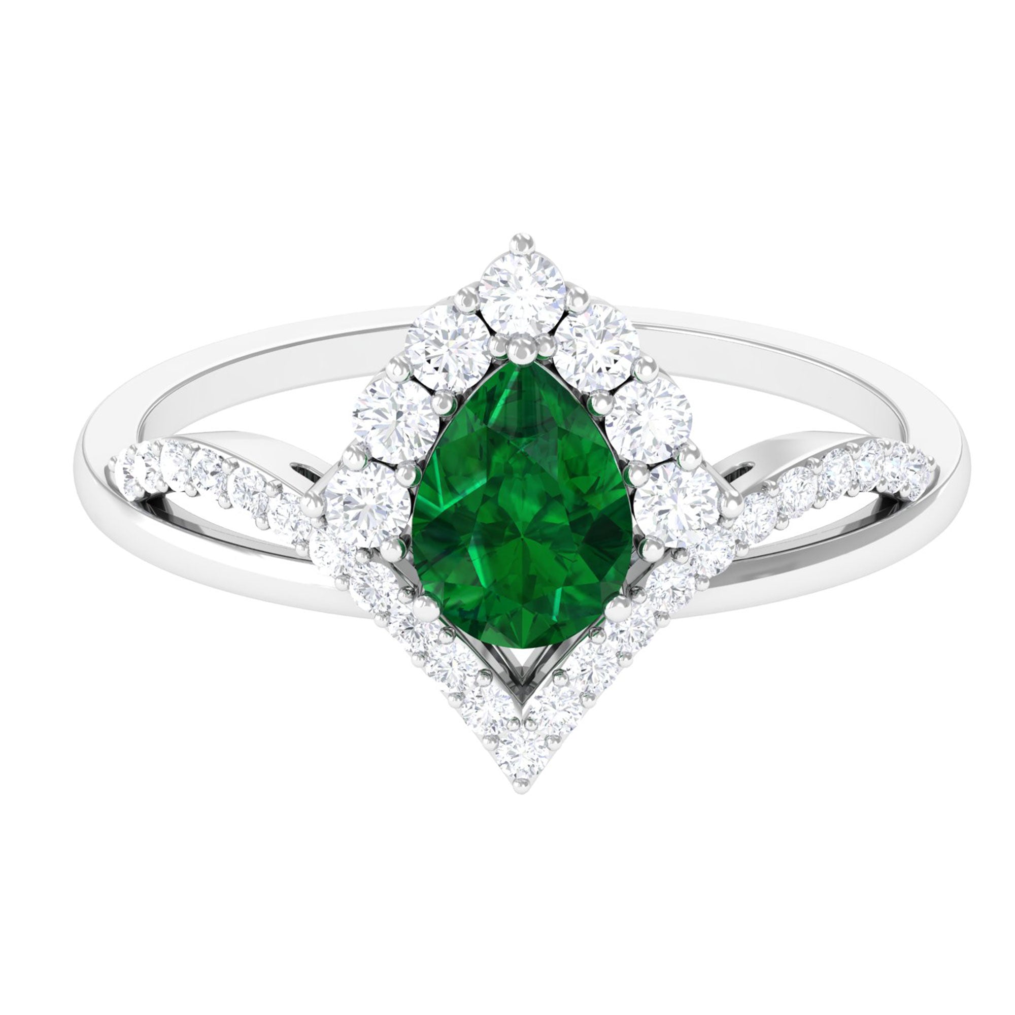 Vibrant Grown Labs-Lab Grown Emerald Halo Designer Chevron Engagement Ring