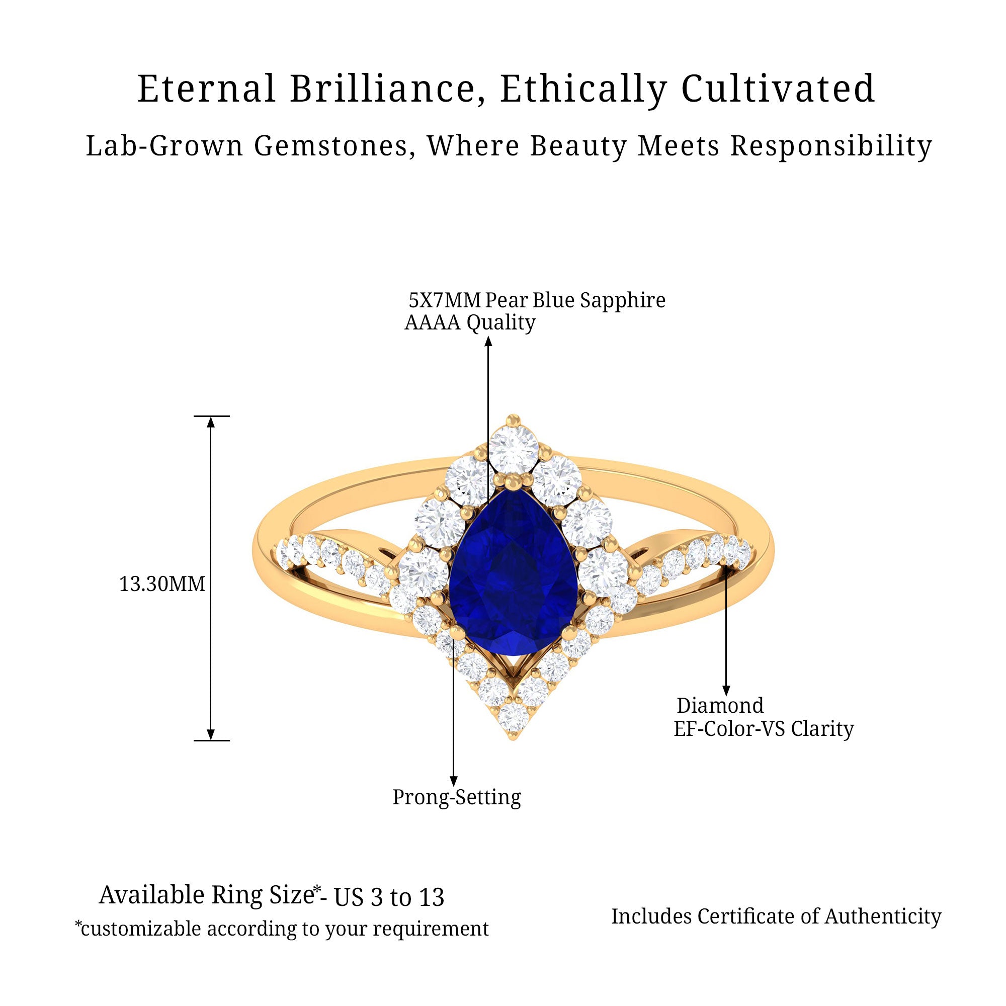 Vibrant Grown Labs-Pear Shaped Lab Grown Blue Sapphire Engagement Ring