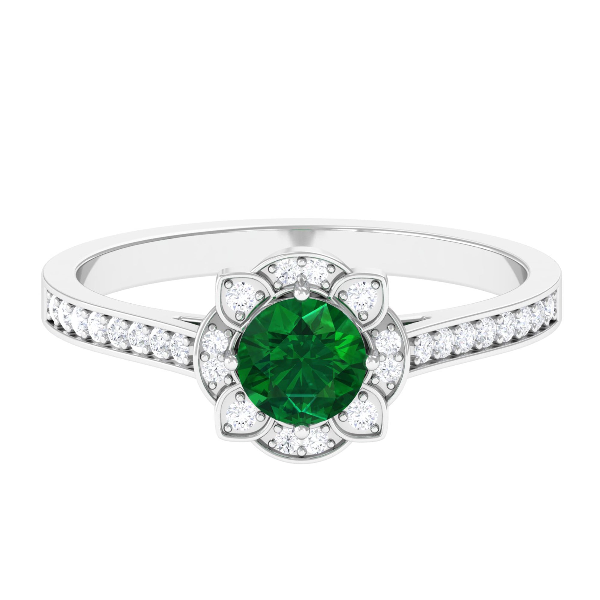 Vibrant Grown Labs-Lab Created Emerald Vintage Inspired Engagement Ring with Accent