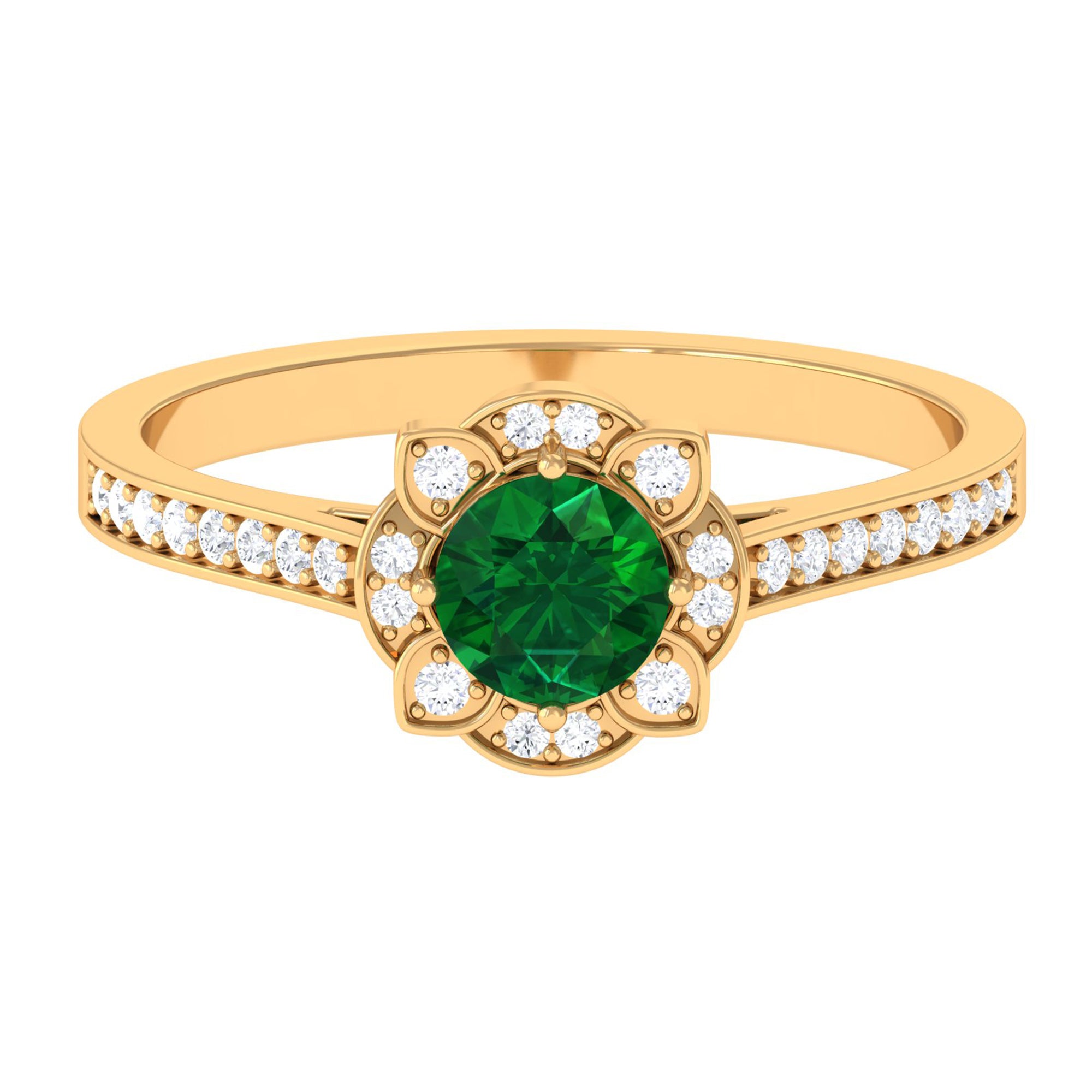 Vibrant Grown Labs-Lab Created Emerald Vintage Inspired Engagement Ring with Accent