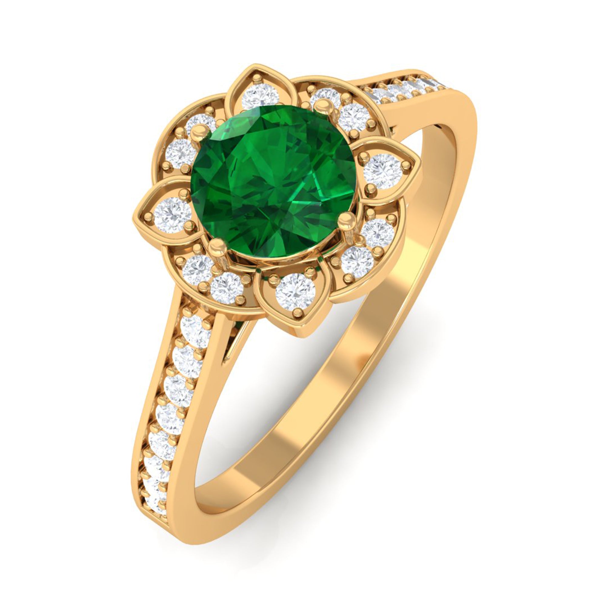 Vibrant Grown Labs-Lab Created Emerald Vintage Inspired Engagement Ring with Accent