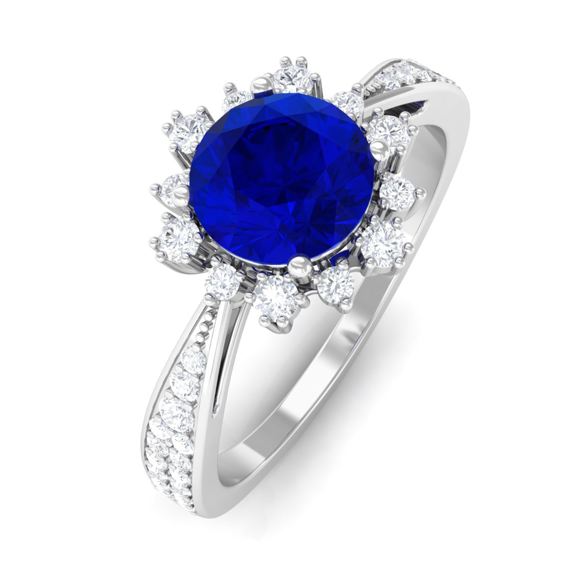 Vibrant Grown Labs-Classic Lab Grown Blue Sapphire Engagement Ring with Accent