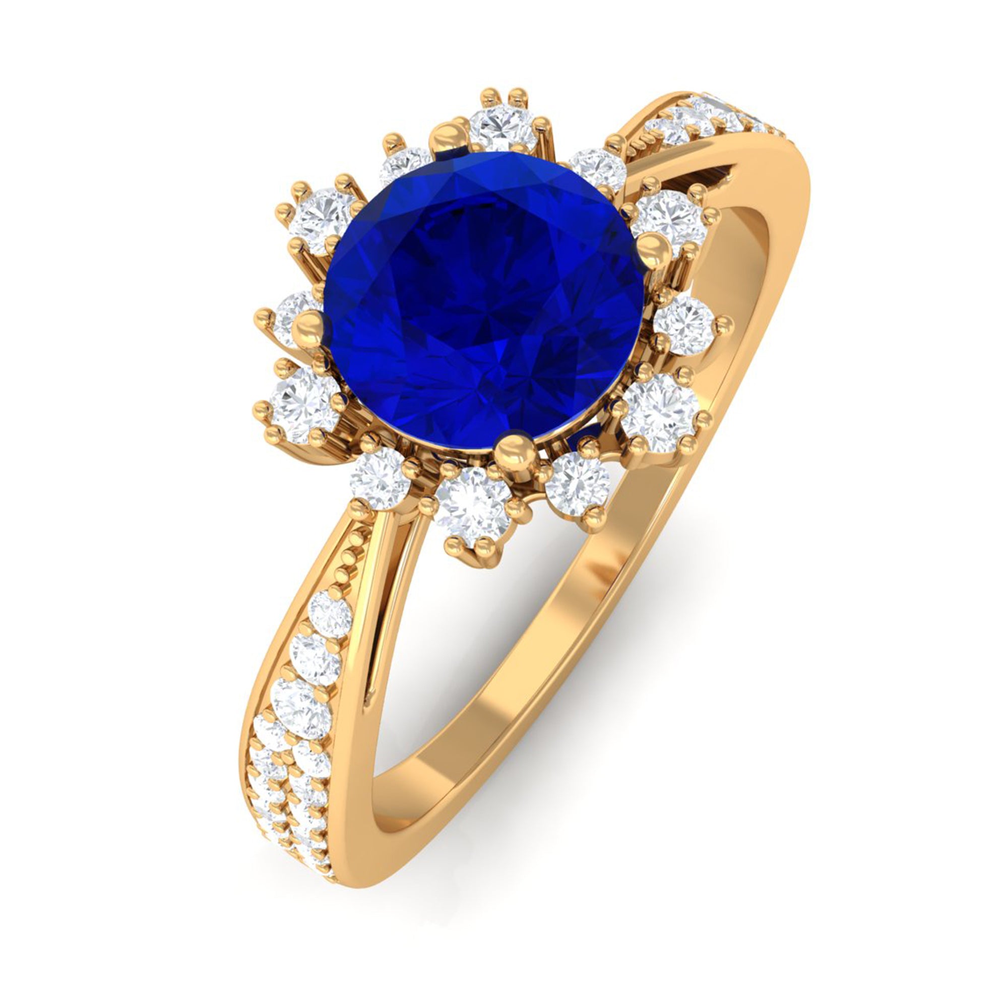 Vibrant Grown Labs-Classic Lab Grown Blue Sapphire Engagement Ring with Accent