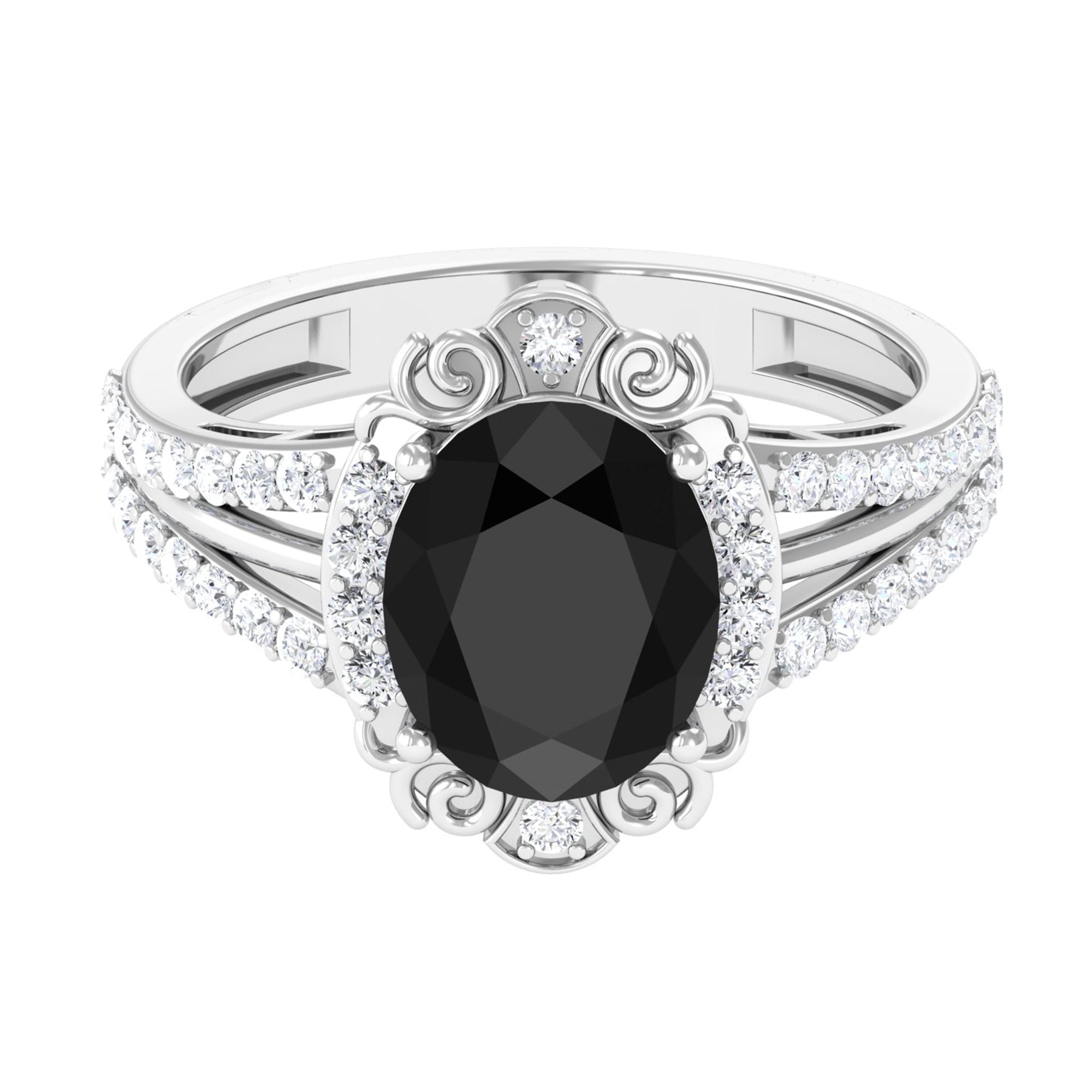 Vibrant Grown Labs-Oval Lab Grown Black Diamond Statement Engagement Ring with Accent