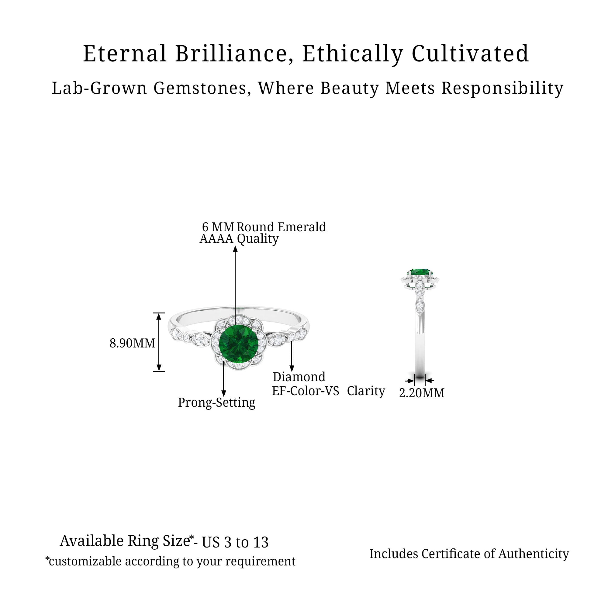 Vibrant Grown Labs-Lab Created Emerald Nature Inspired Engagement Ring