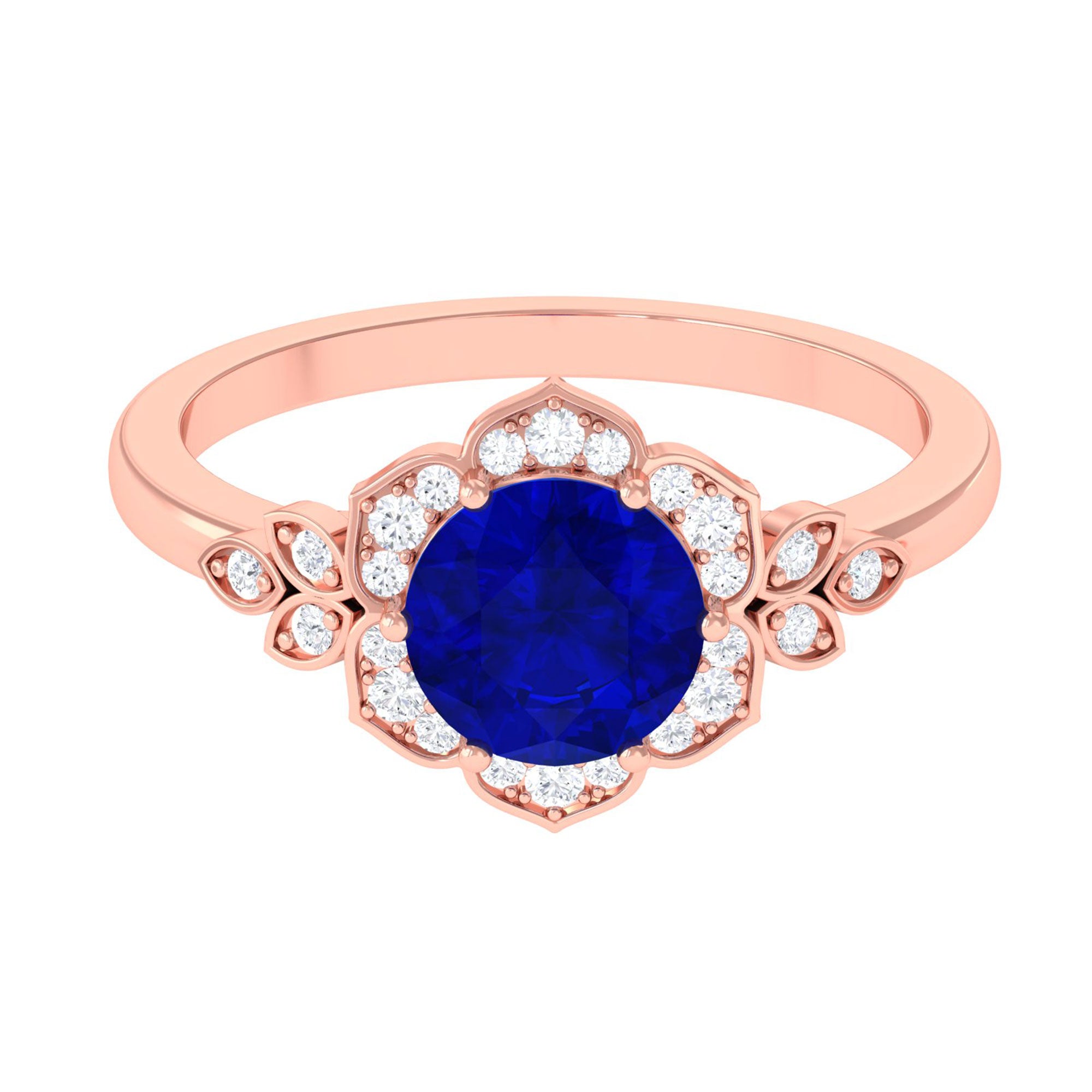 Vibrant Grown Labs-Round Created Blue Sapphire Flower Engagement Ring with Diamond