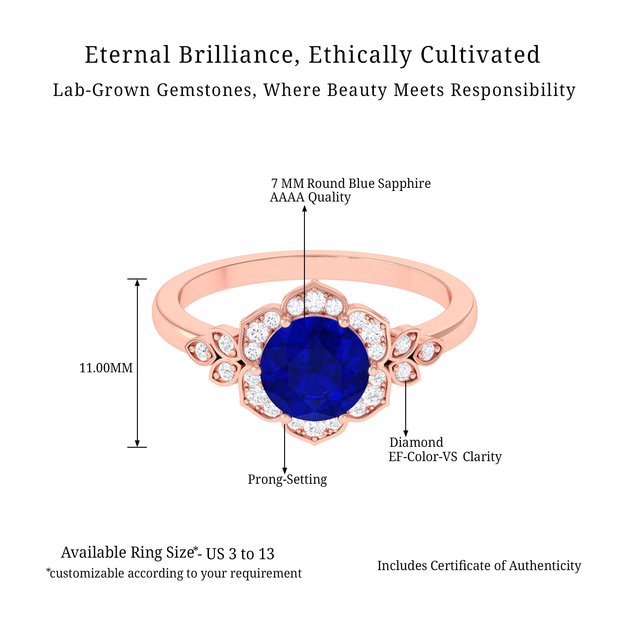 Vibrant Grown Labs-Round Created Blue Sapphire Flower Engagement Ring with Diamond