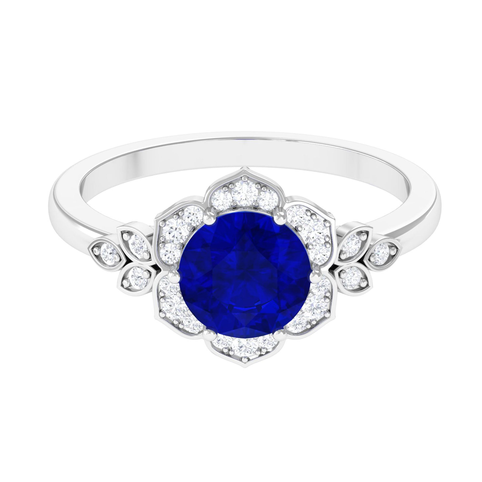 Vibrant Grown Labs-Round Created Blue Sapphire Flower Engagement Ring with Diamond